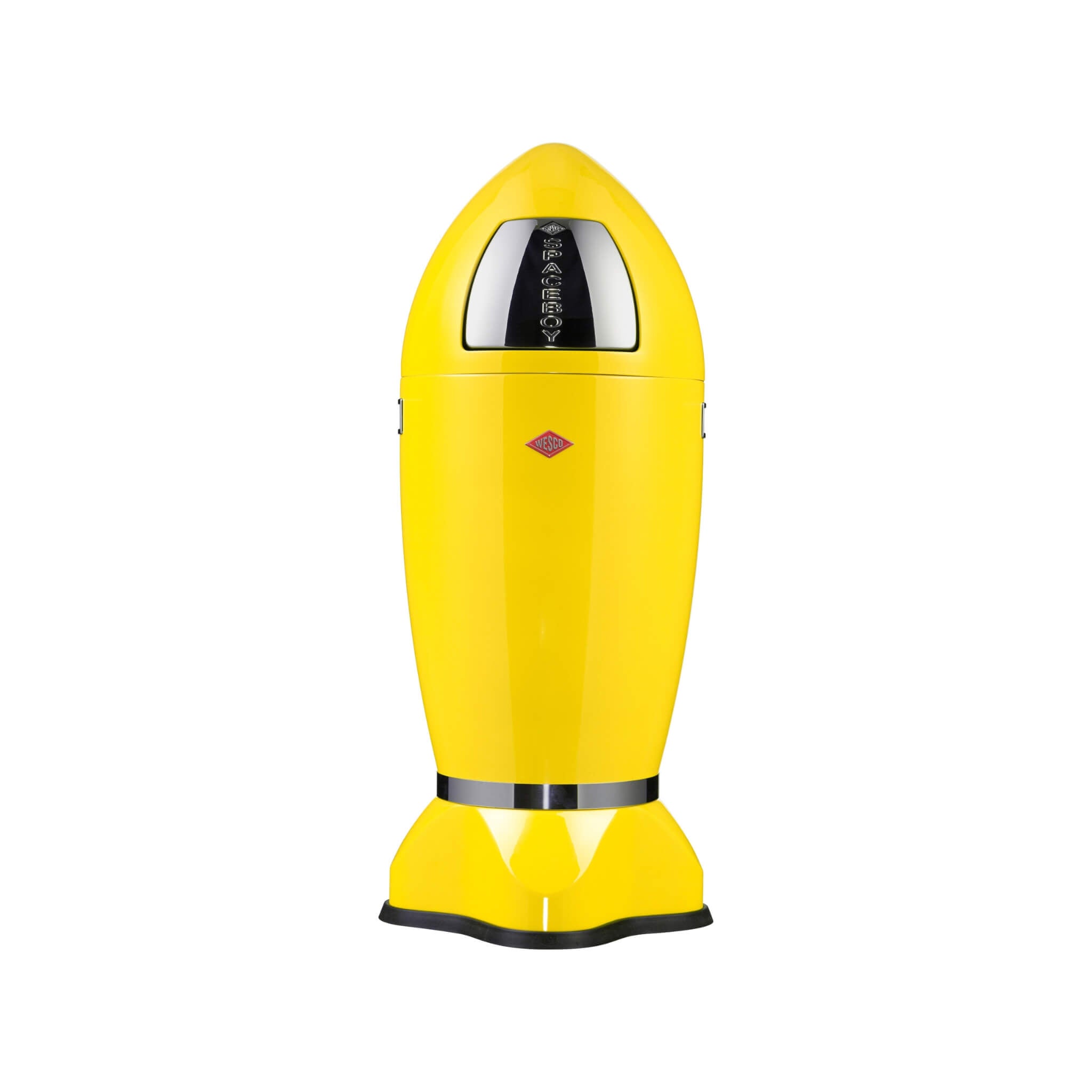 Wesco Spaceboy XL Yellow rocket-shaped trash can with a brand logo on a white background