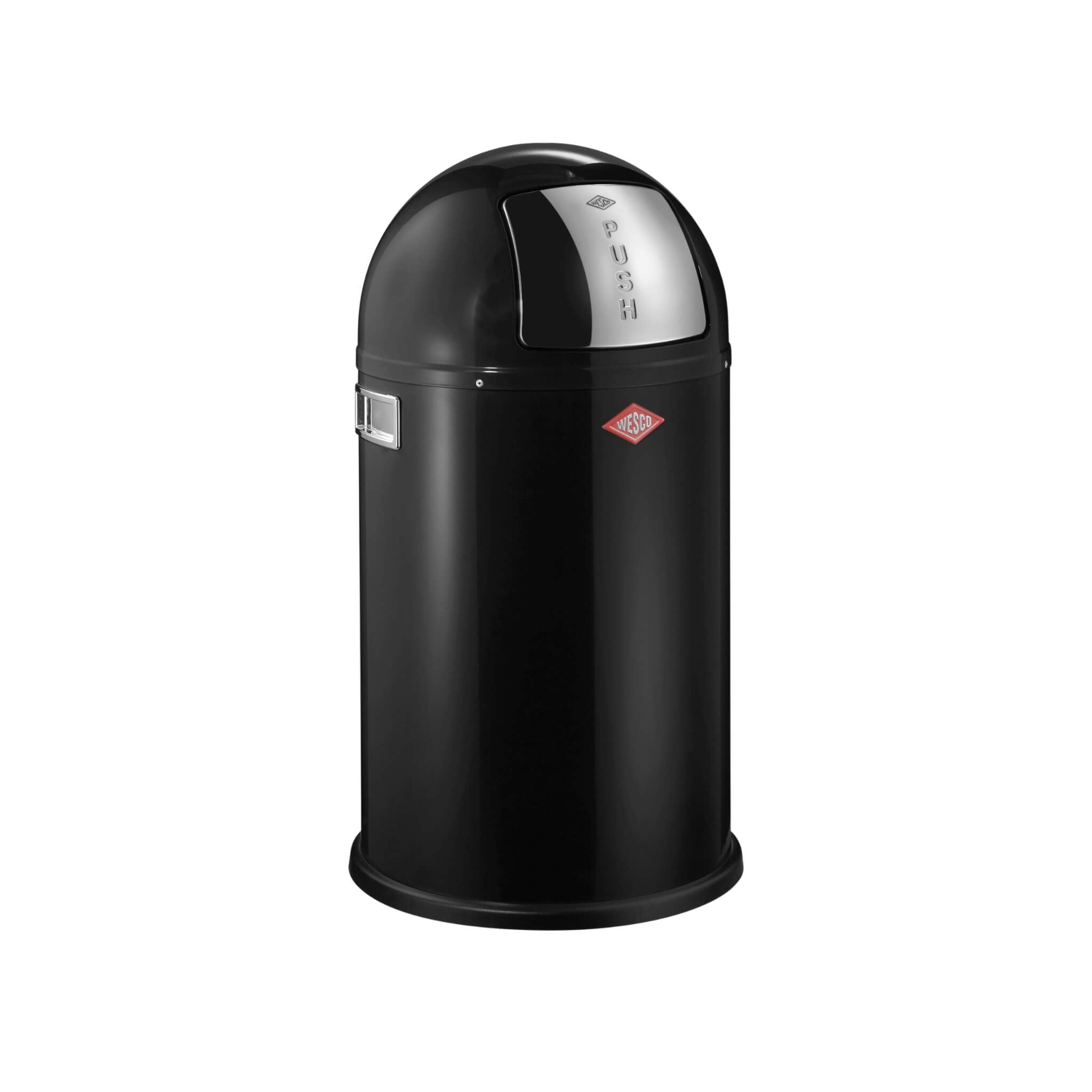 Wesco Pushboy Junior 22L in Black. A round free-standing bin with a steel push flap opening and non-slip base ring.