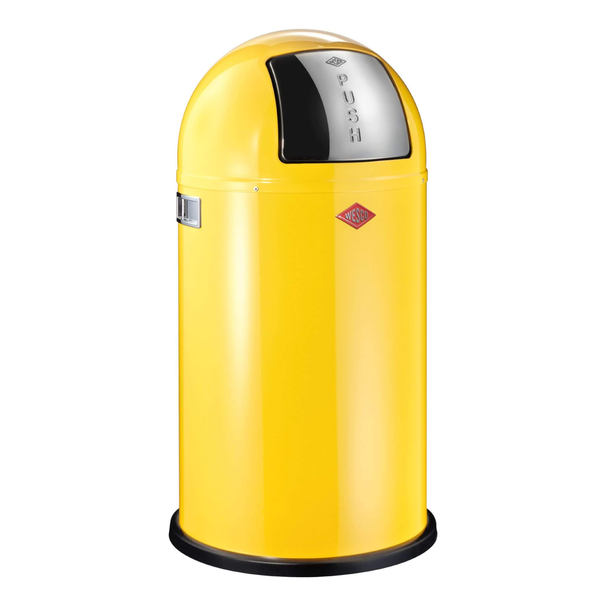 A lemon yellow Wesco Pushboy 50L waste bin with a polished stainless steel sprung push flap.