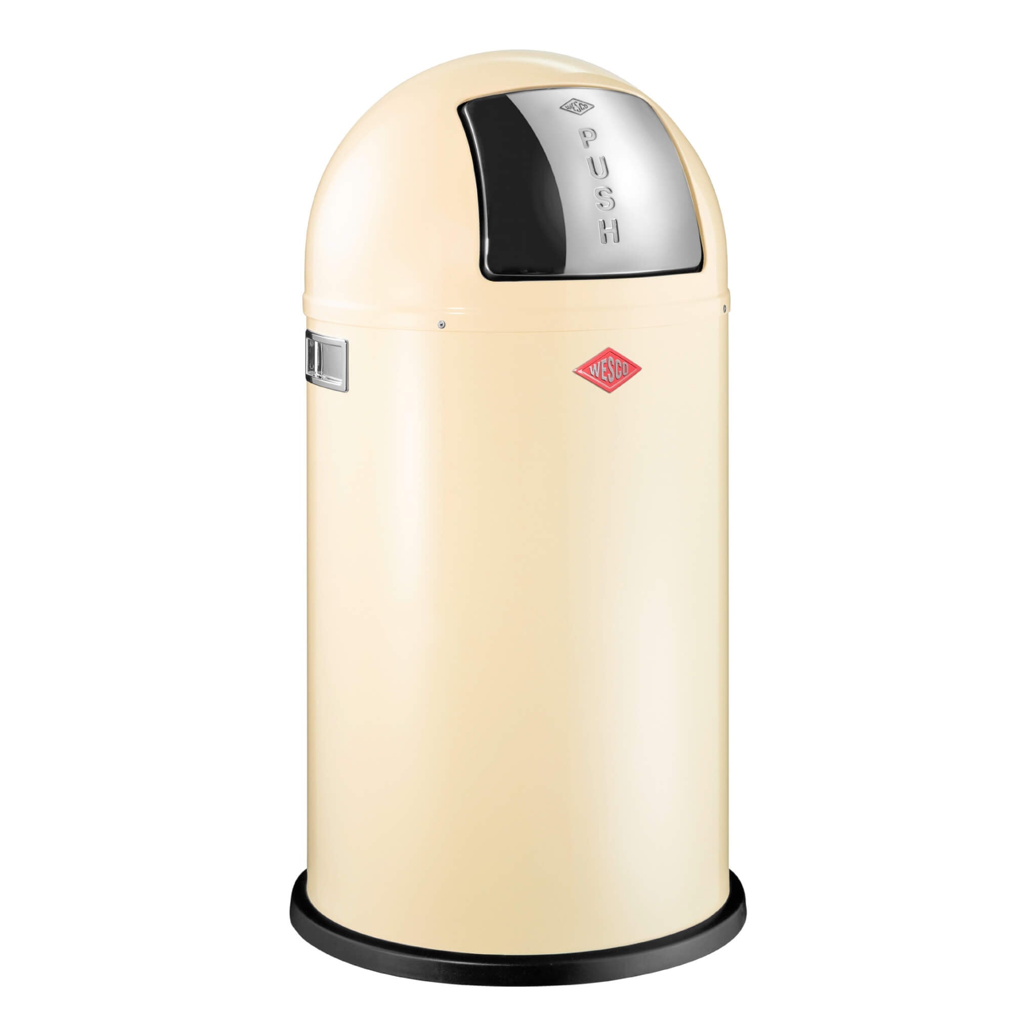 A beige Wesco Pushboy 50L bin with a polished stainless steel push flap, set against a plain background.