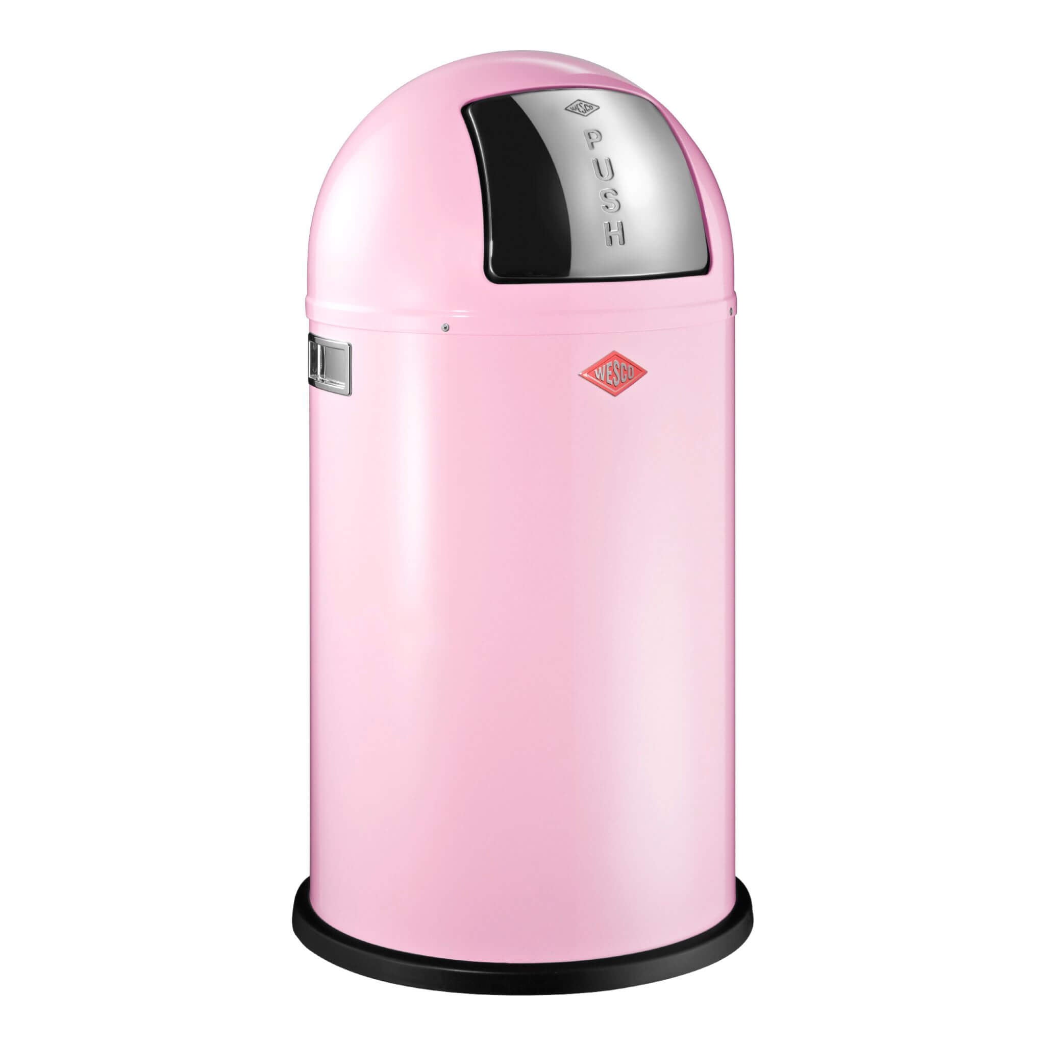 A pink Wesco Pushboy 50L waste bin with a polished stainless steel sprung push flap.