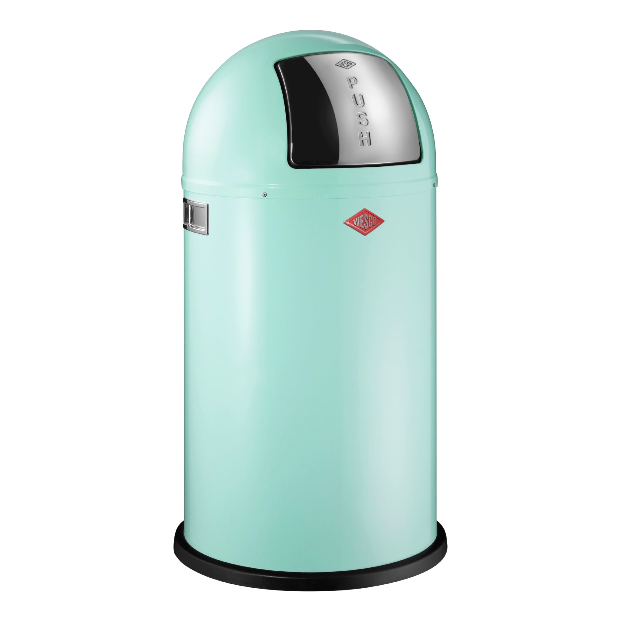 A mint green Wesco Pushboy 50L waste bin with a polished stainless steel sprung push flap.