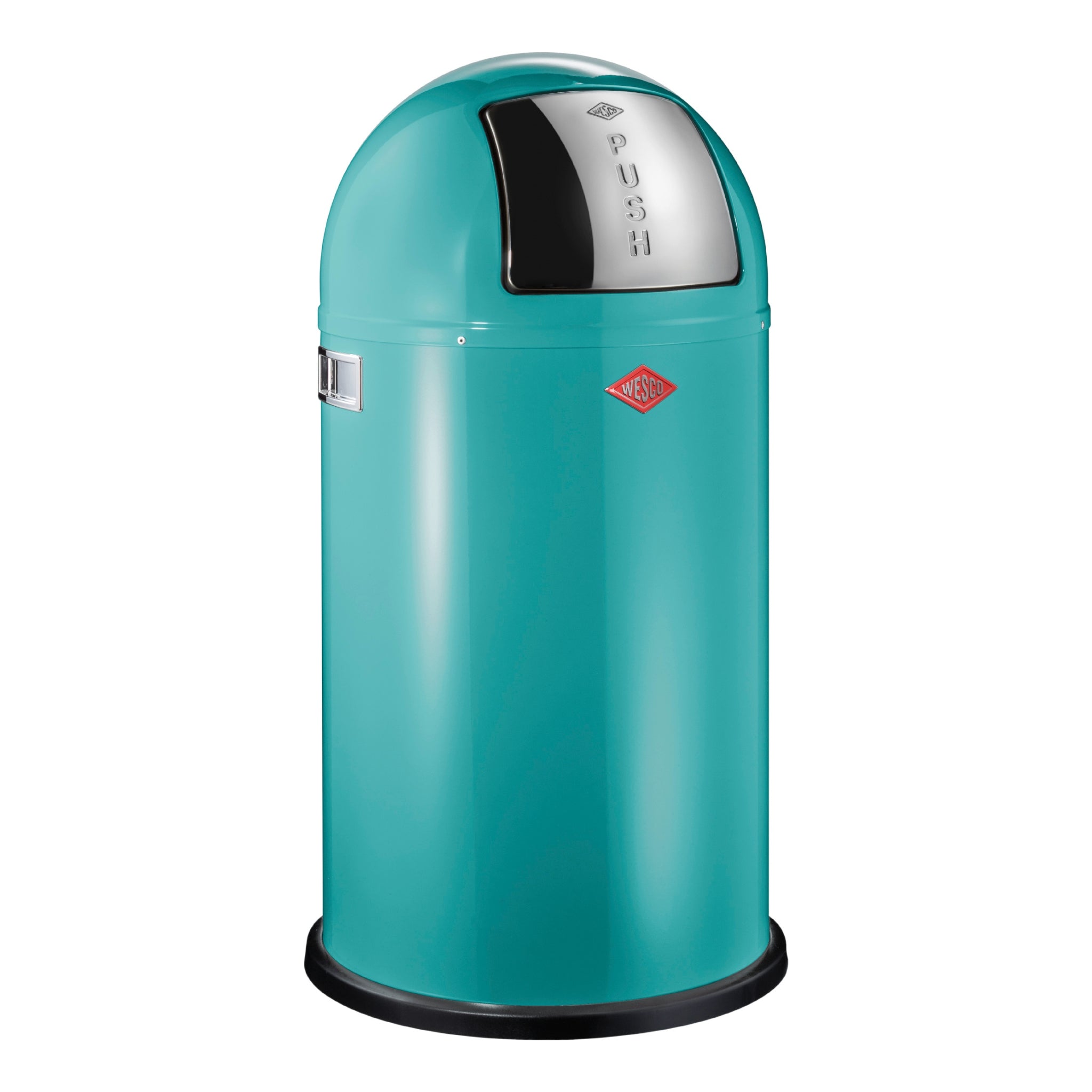 A turquoise Wesco Pushboy 50L waste bin with a polished stainless steel push flap.
