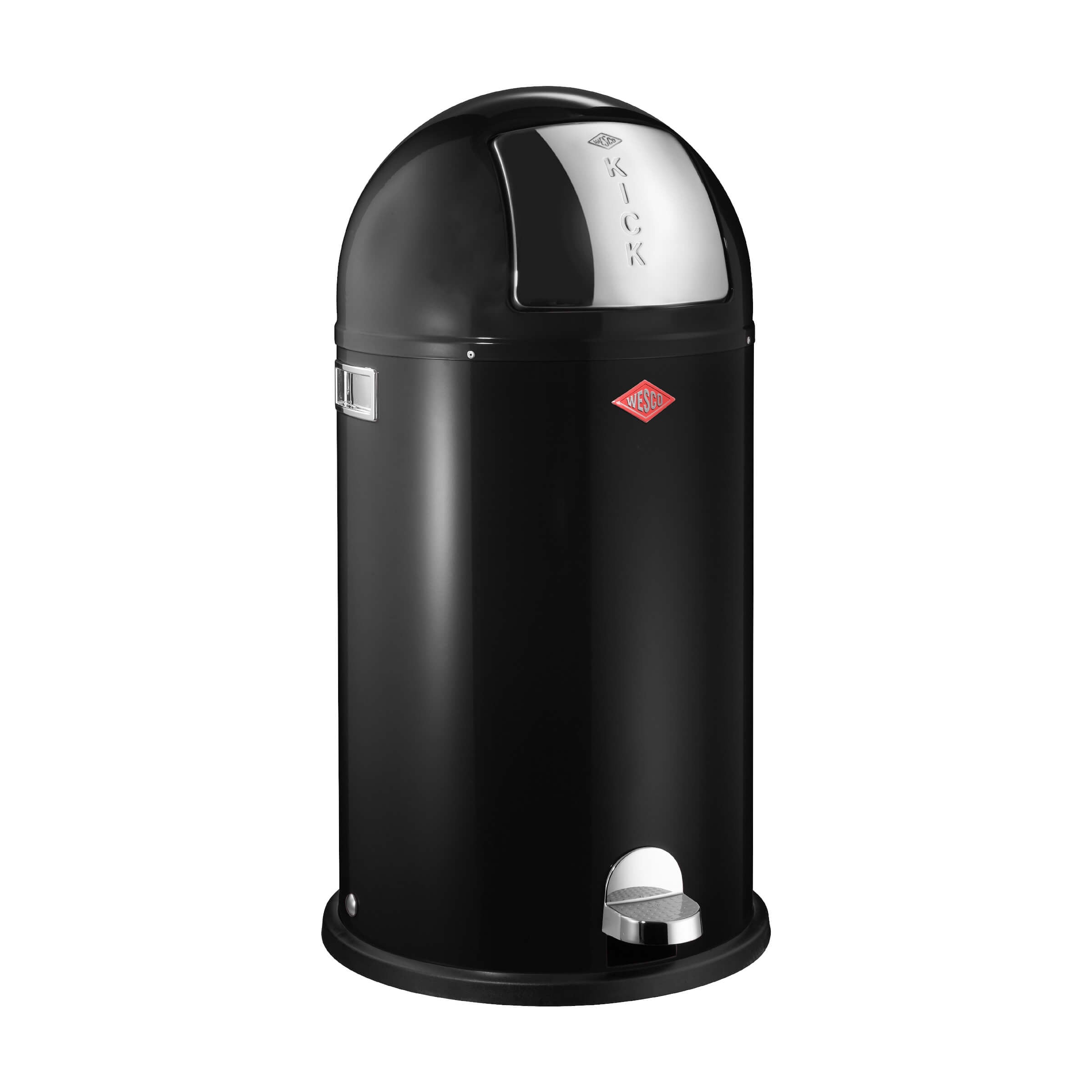 A black Wesco Kickboy 40L pedal-operated waste bin with a cylindrical shape and a pedal on the front.