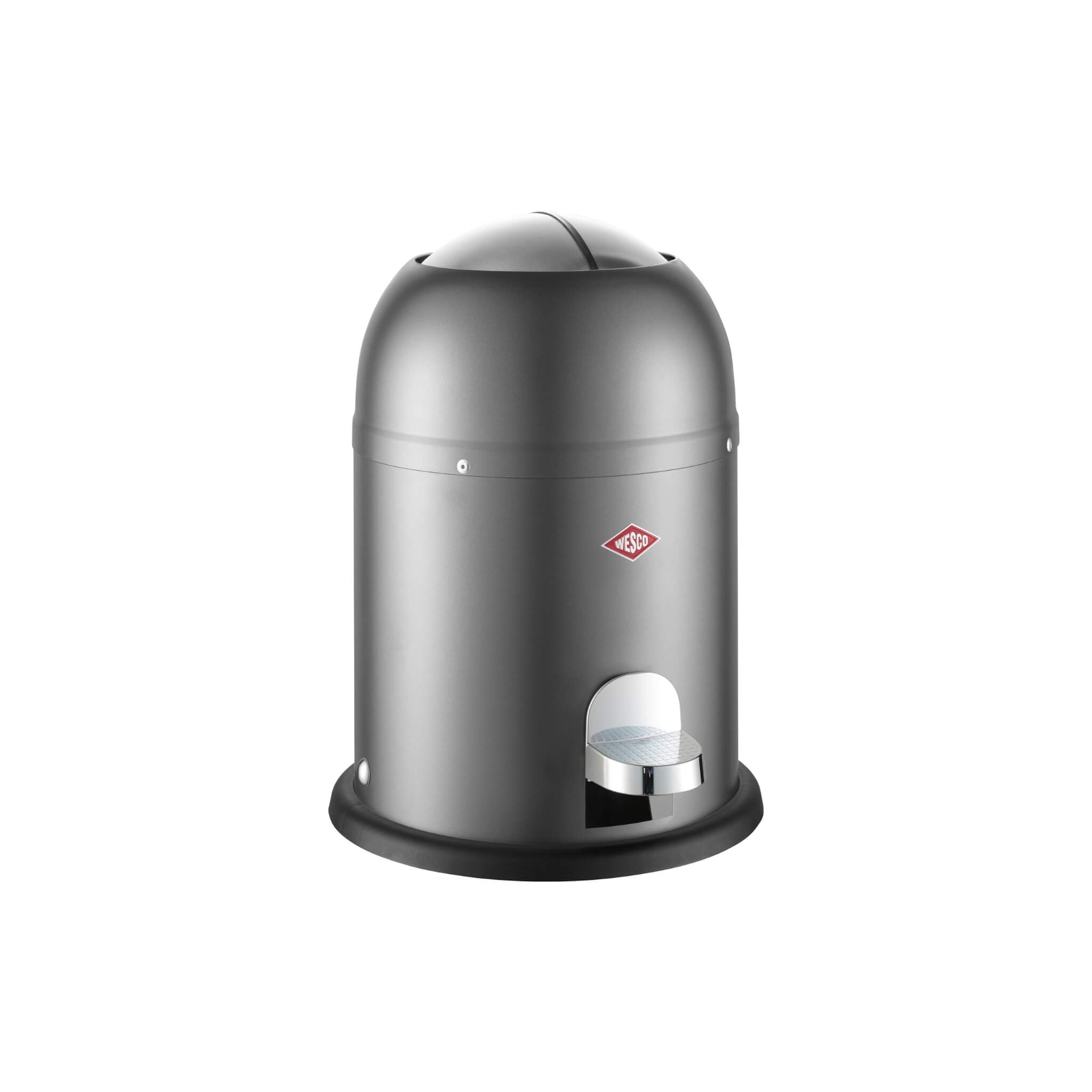 A compact Wesco Mini Master 6L waste bin with a matt graphite finish, featuring a pedal mechanism for hands-free operation and a soft-closing lid.