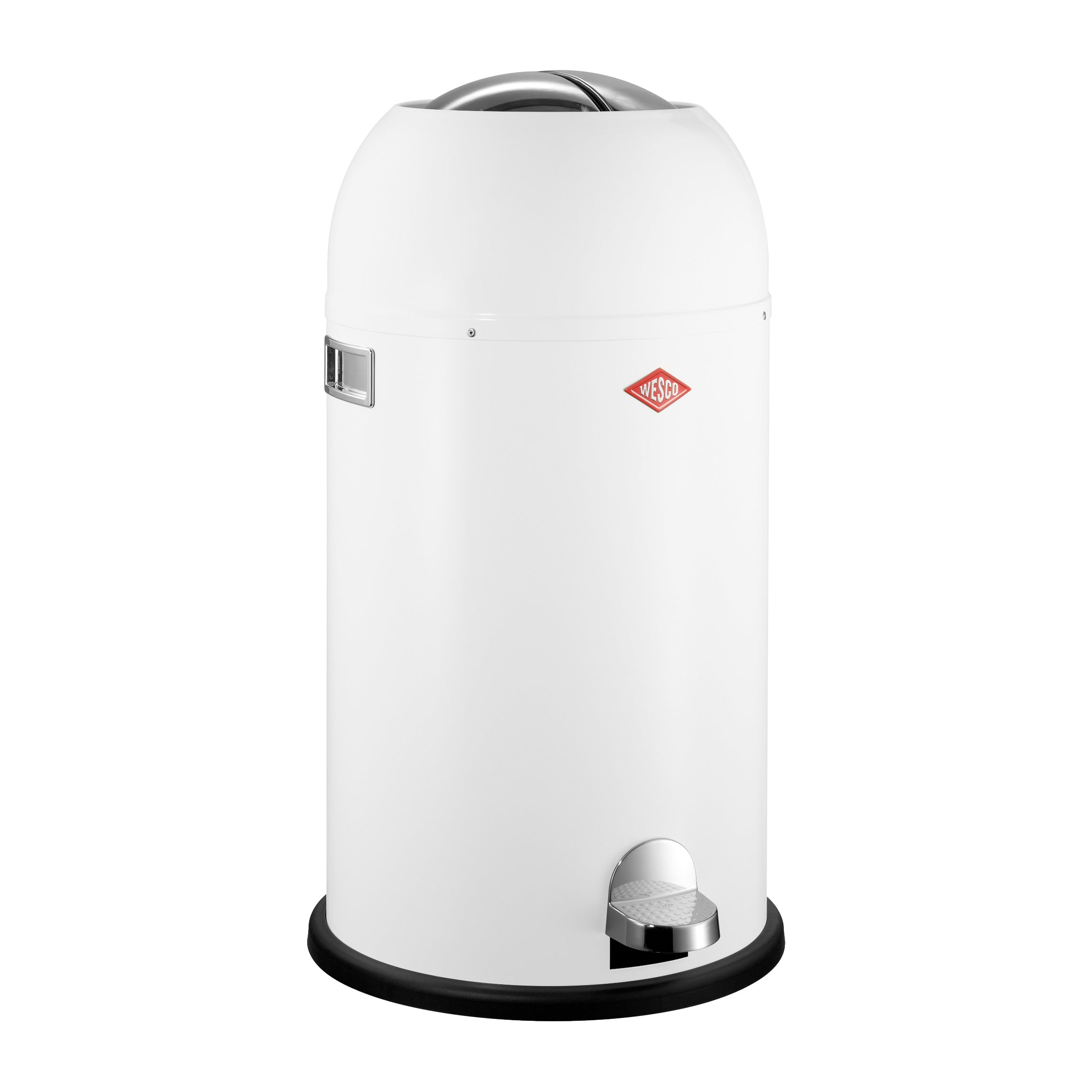 A white, round pedal waste bin with a chrome-plated pedal and a brand logo on the side.