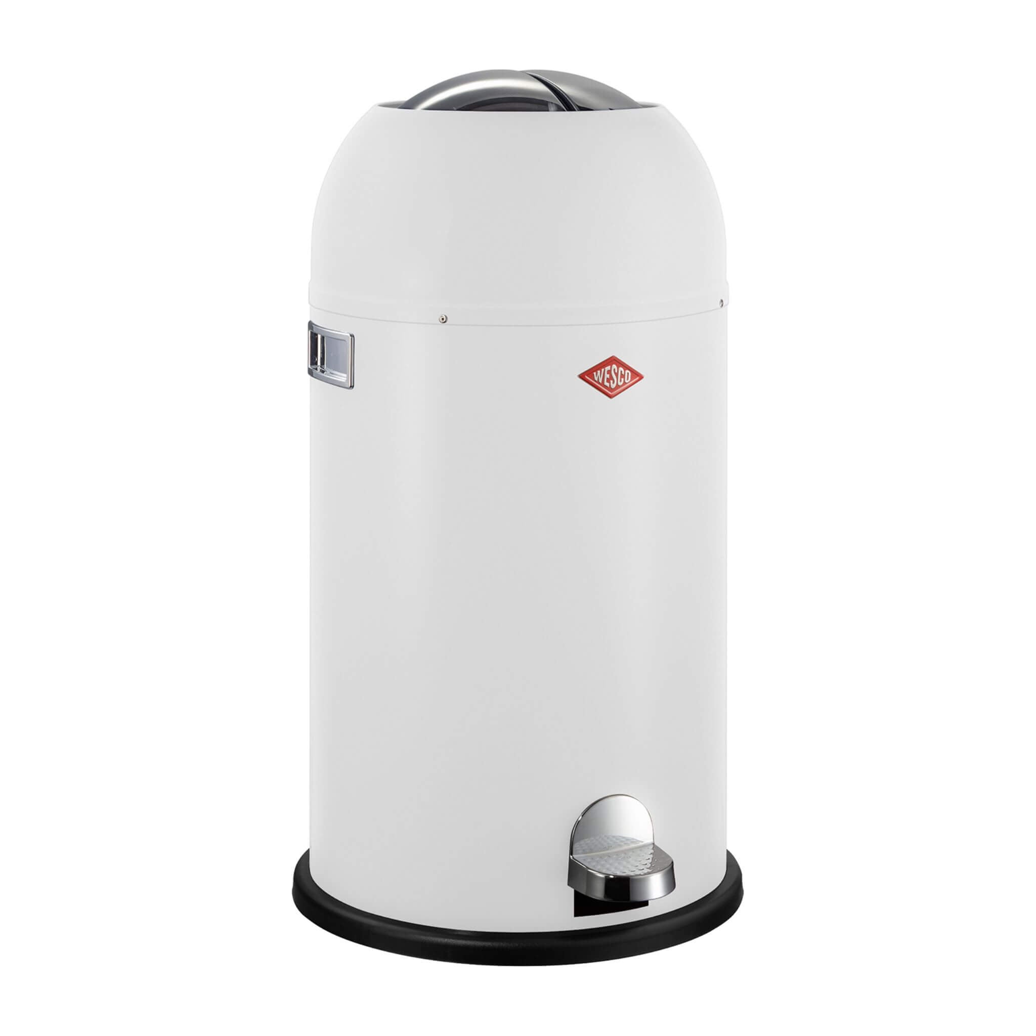 A matt white Wesco Kickmaster 33L waste bin with a round shape and a pedal mechanism, featuring a soft-sheen finish.