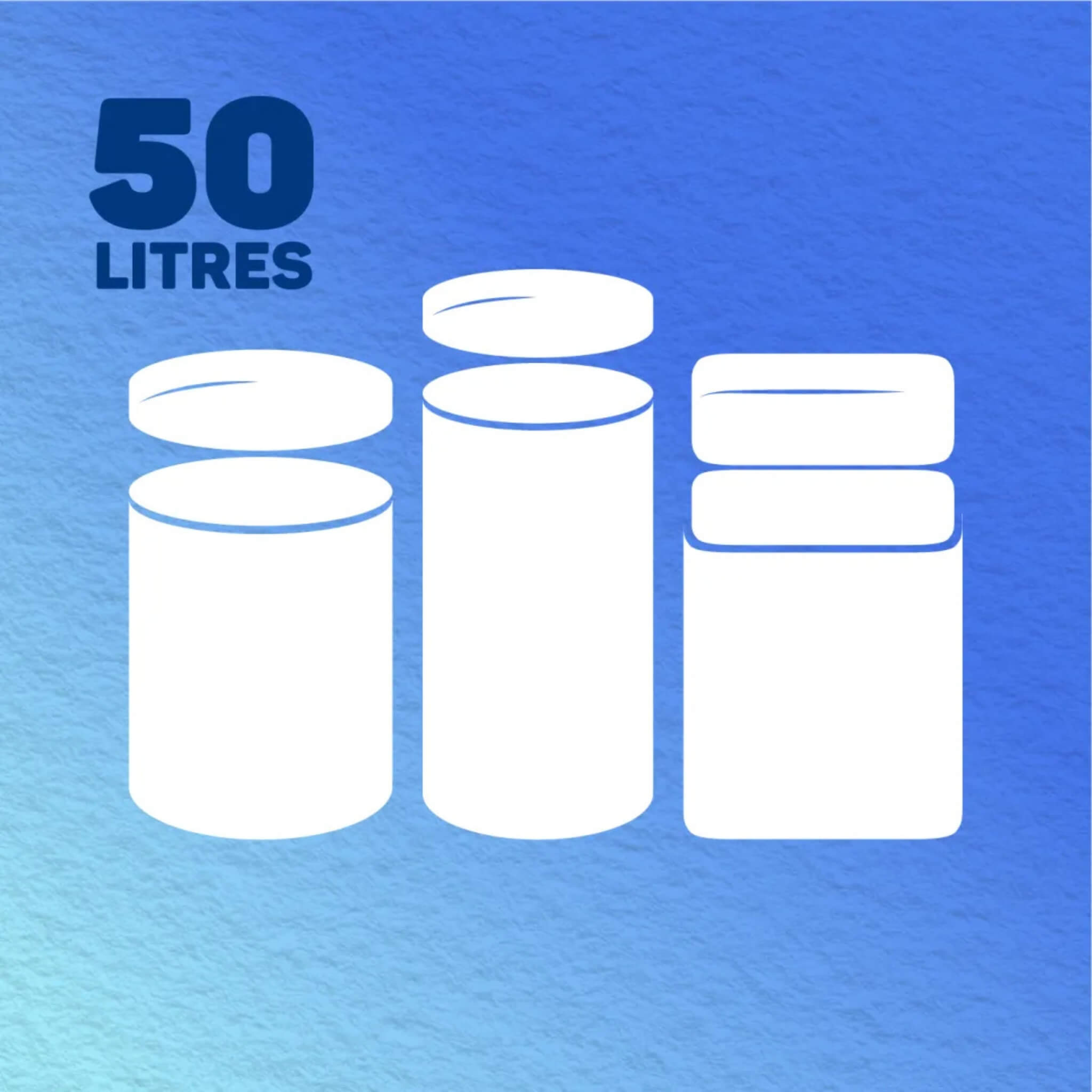 White cylindrical containers with lids on a blue background with '50 Litres' text.