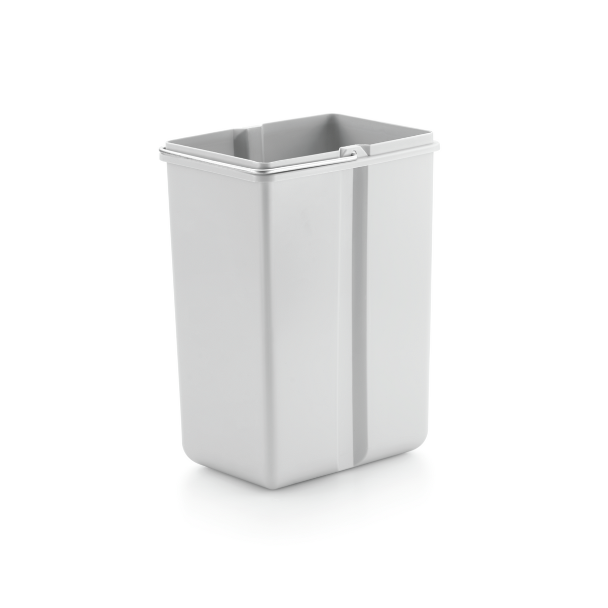 Grey rectangular shaped bin with metal handle.