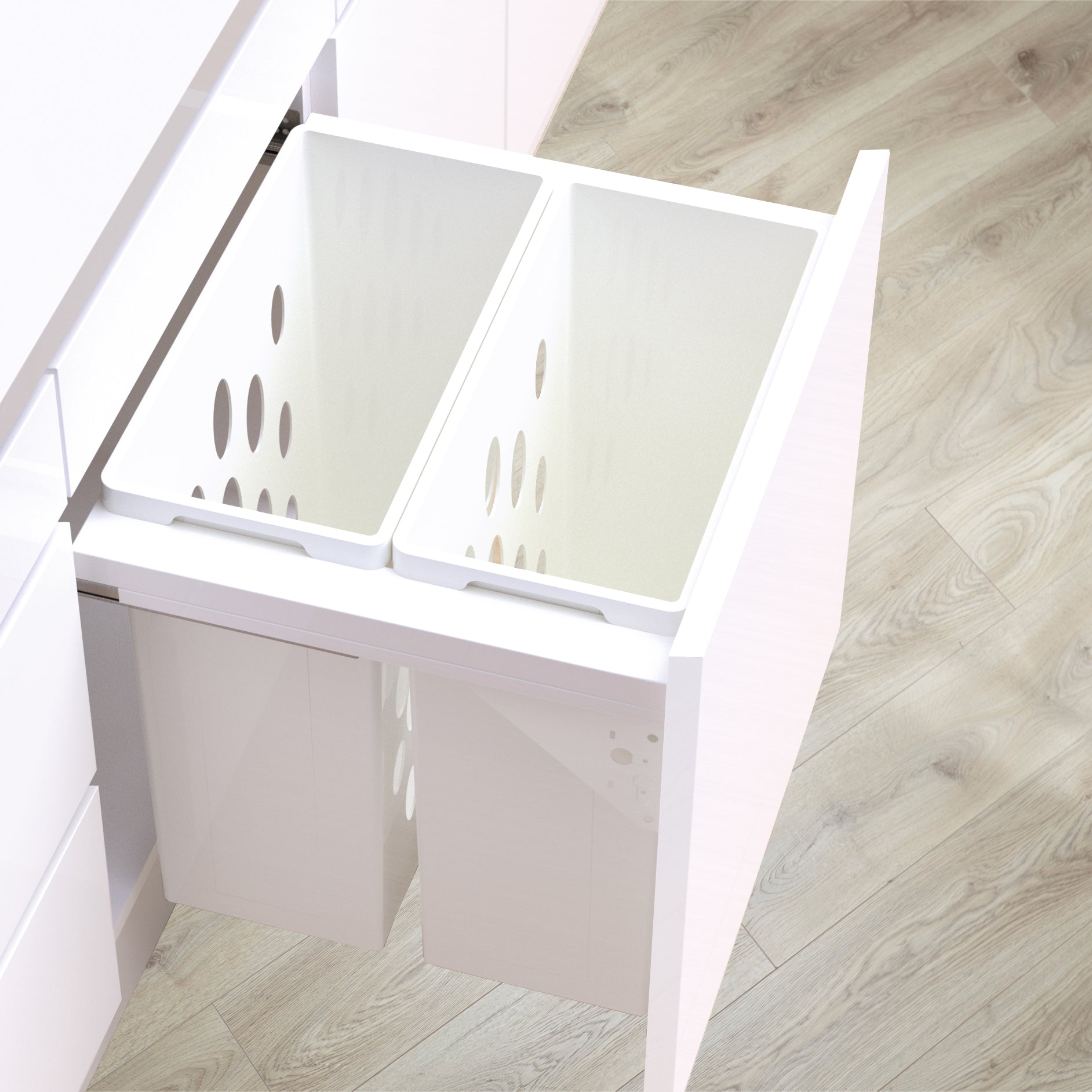 Wesco Pullboy Soft Comfort Laundry pull-out system in white for 600mm cabinets.