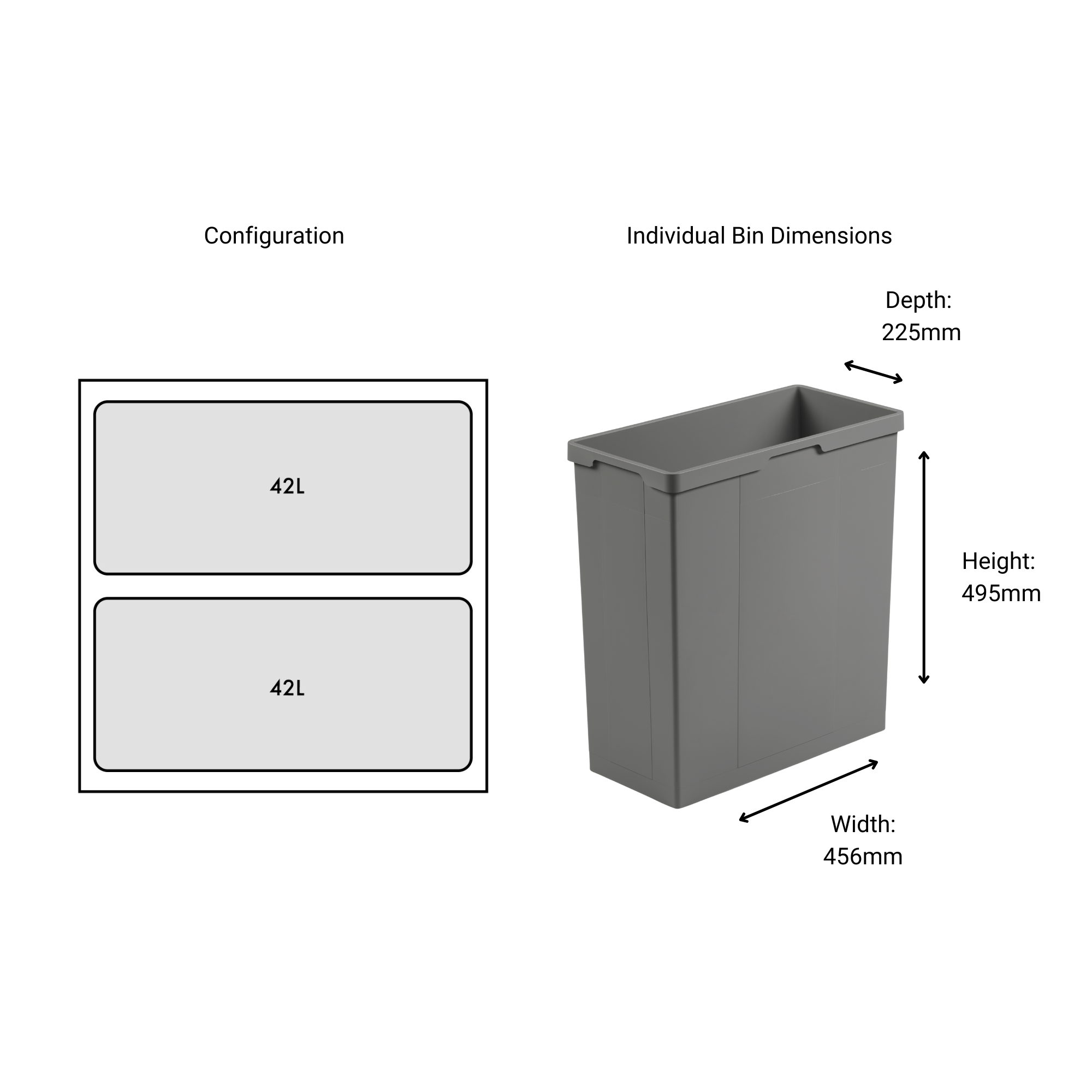 42L bin with dimensions and configuration details on a white background. Frame set up for the pullboy comfort soft 2 x 42L