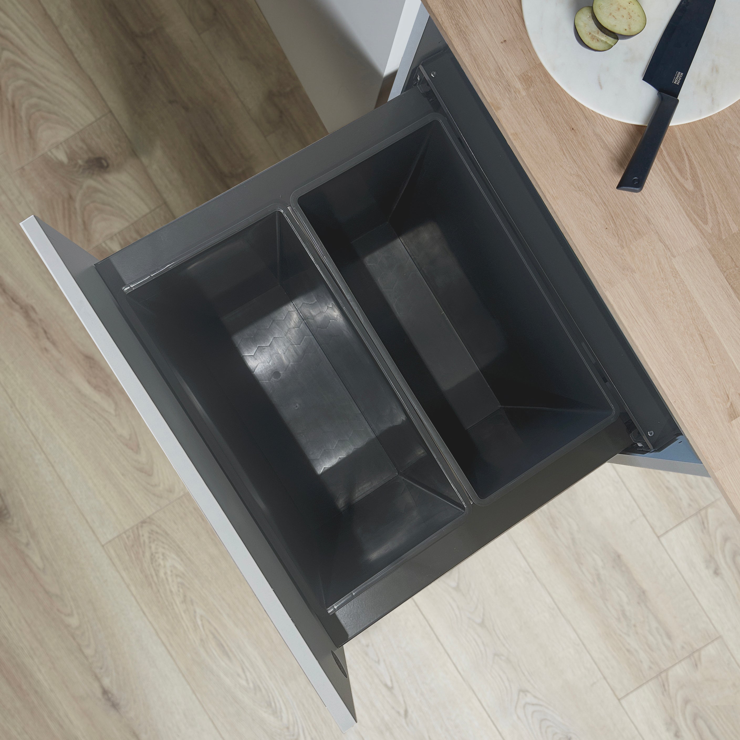 Wesco Pullboy Comfort 2 compartment pull-out bin system overhead view.