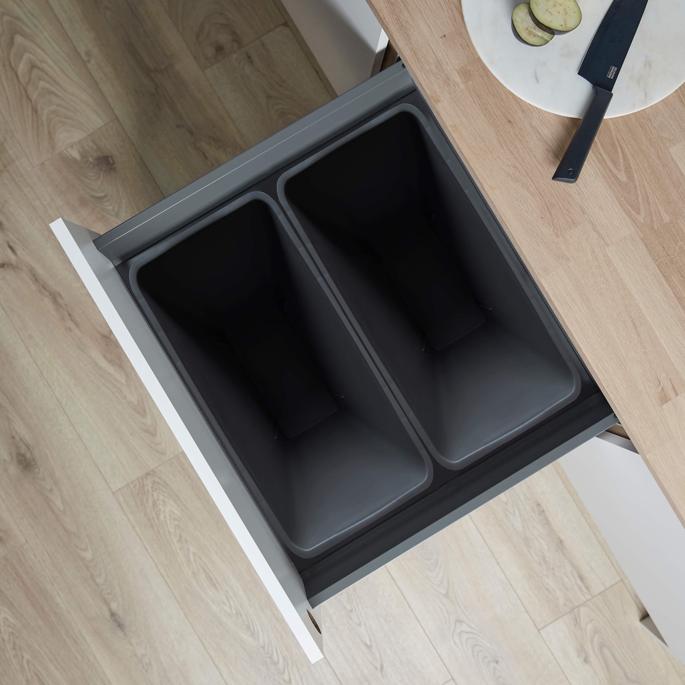 Wesco Pull-out waste bin system Pullboy Z for Merivobox showing two compartments from above