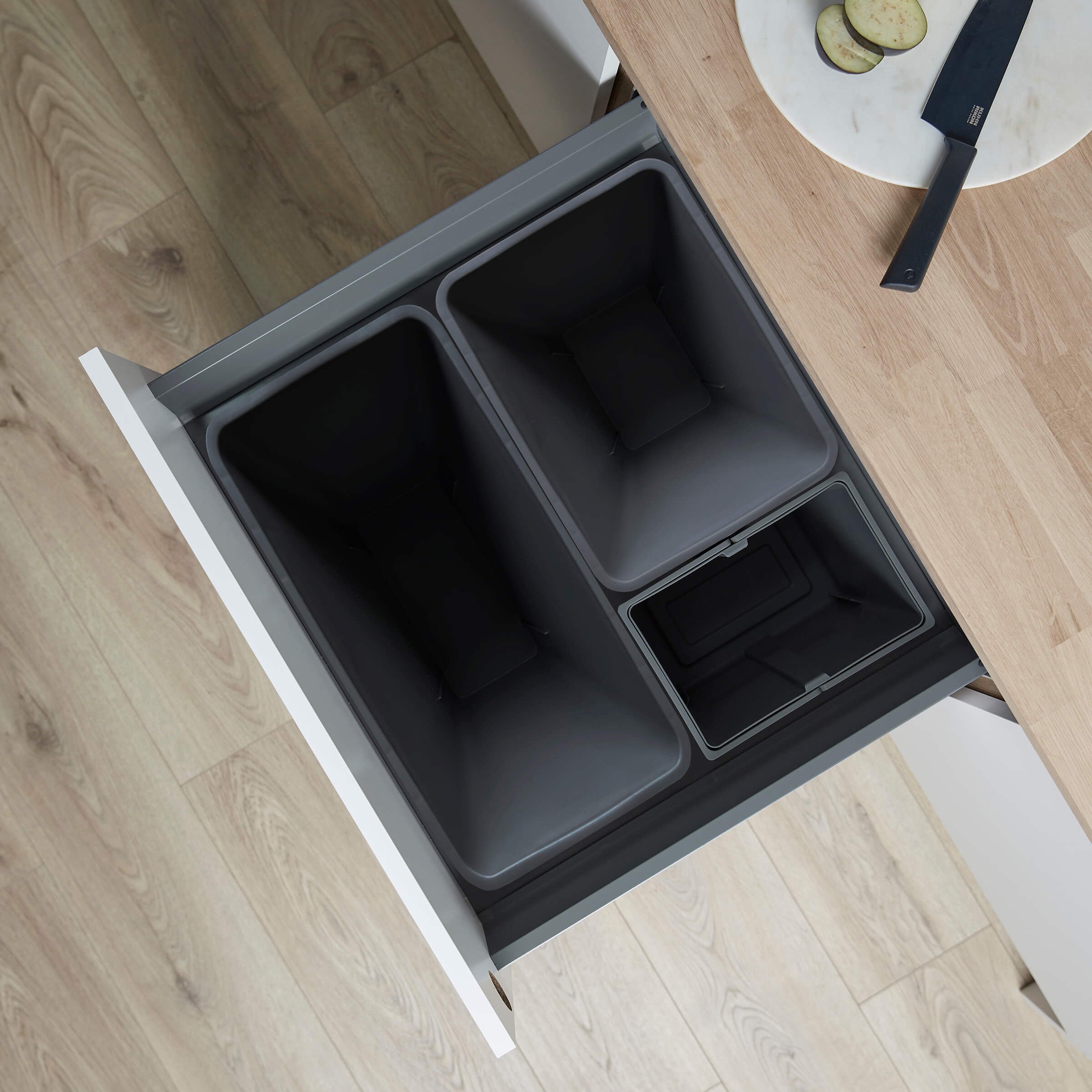 Wesco Pull-out waste bin system Pullboy Z for Merivobox showing three compartments from above