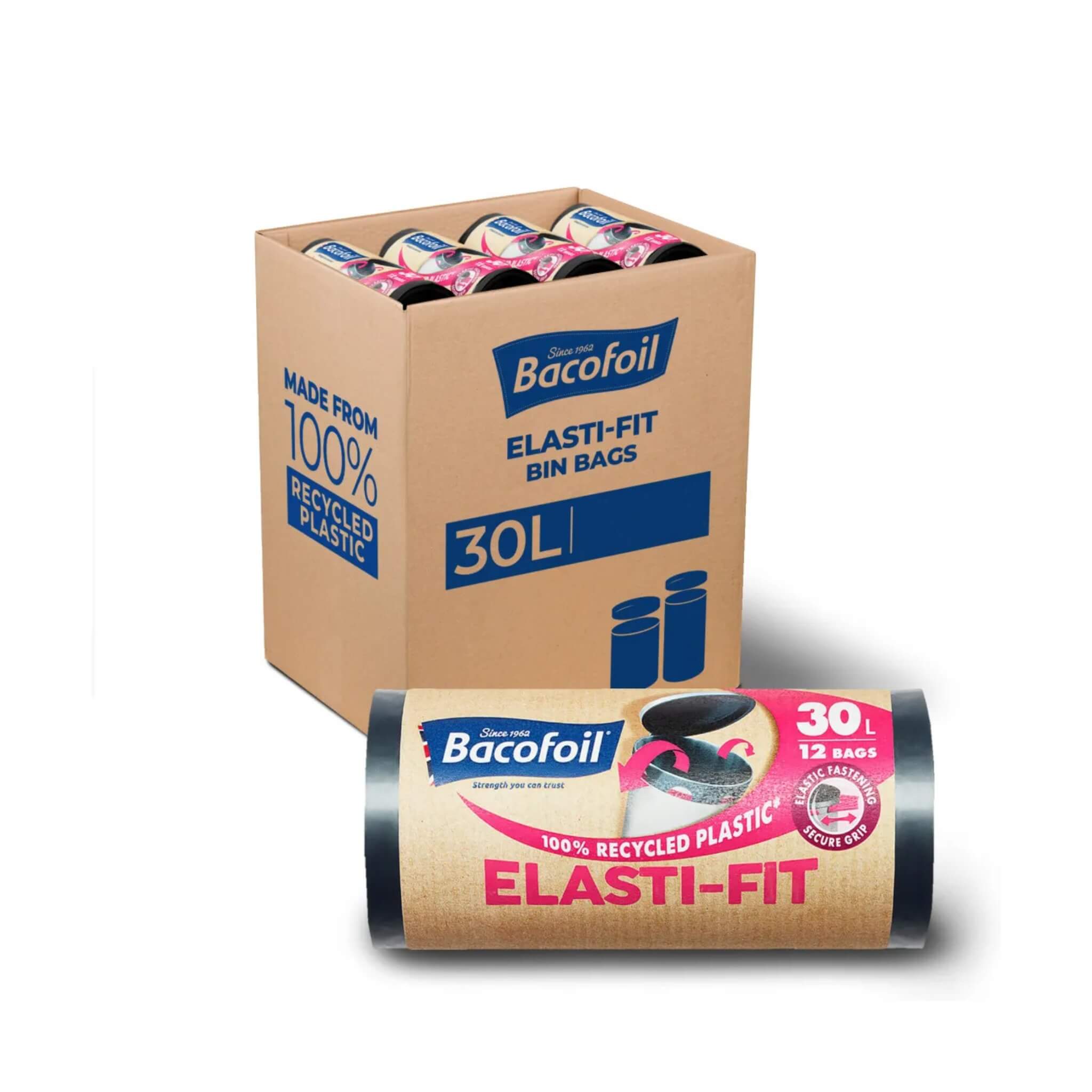 Box of Bacofoil Elasti-Fit bin bags with a single bag in front on a white background
