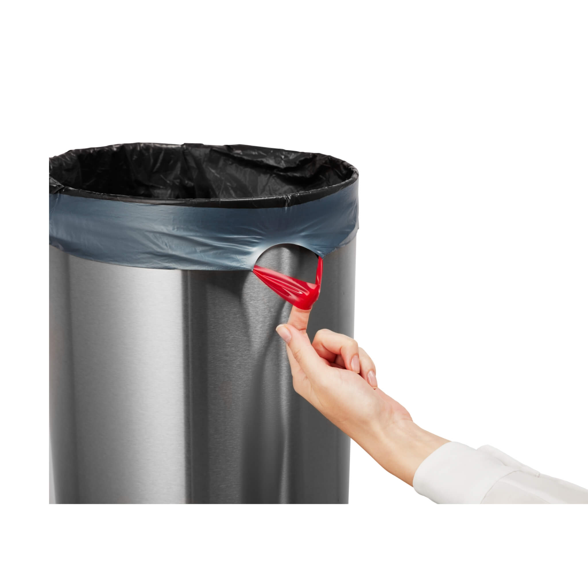 Hand using Bacofoil Elastic fit bin liner on on silver bin