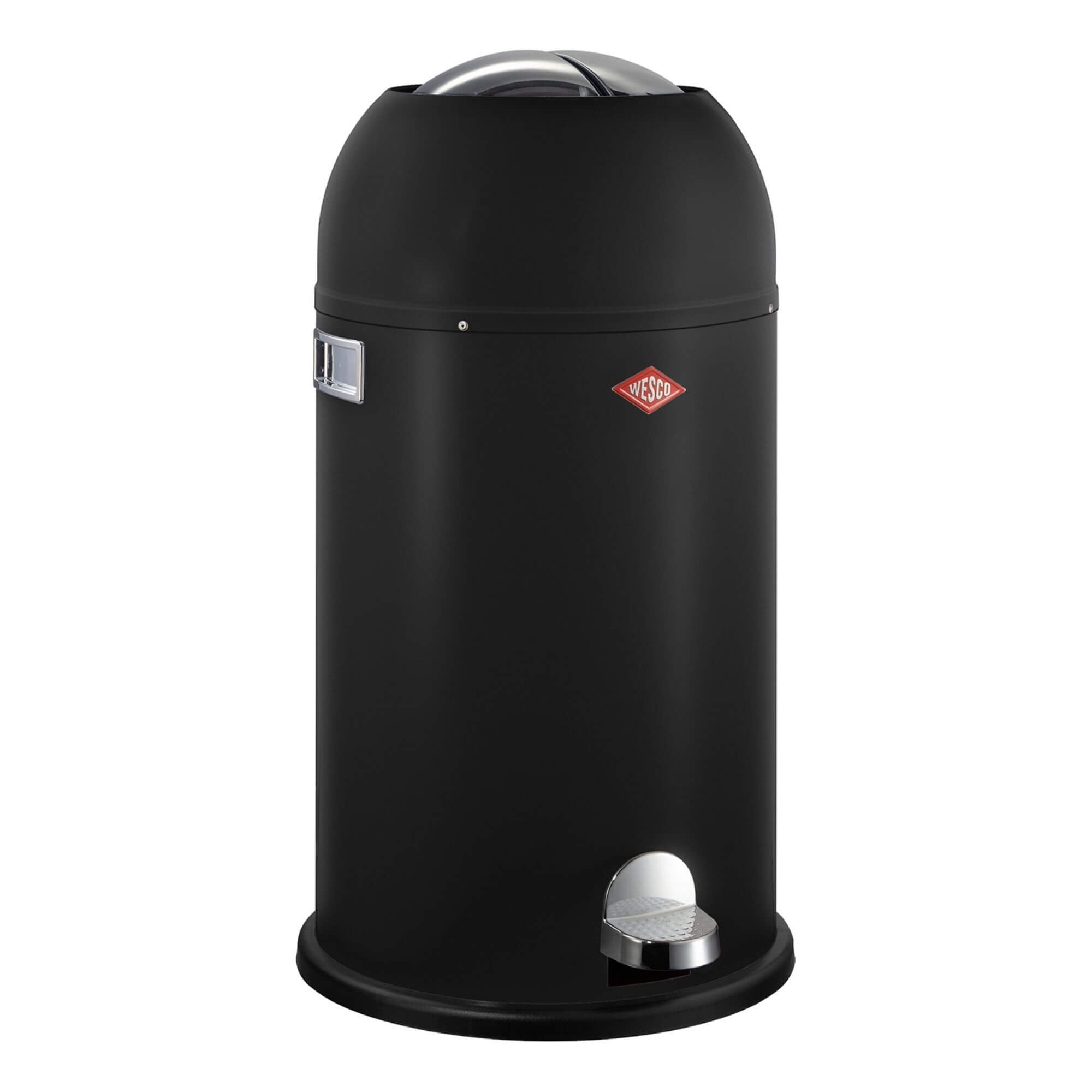 A black round pedal bin with a capacity of 33L, featuring a stainless steel pedal and a soft-sheen matte paint finish.