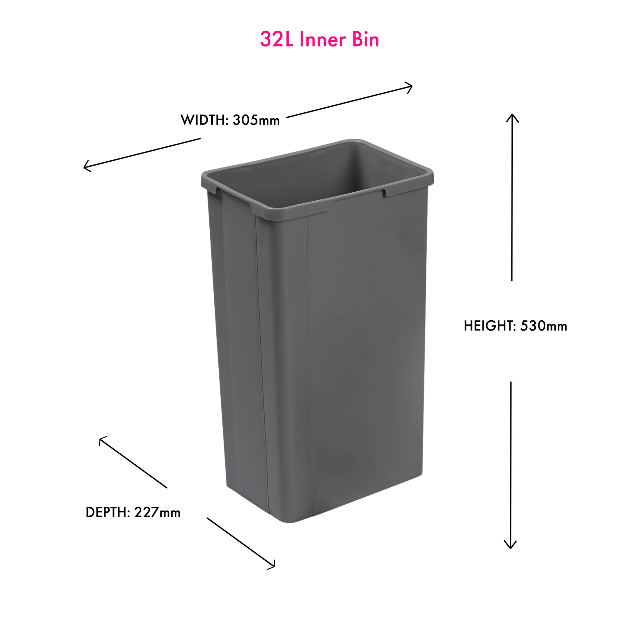 Wesco Orion Grey 32L inner bin with dimensions labeled on a white background