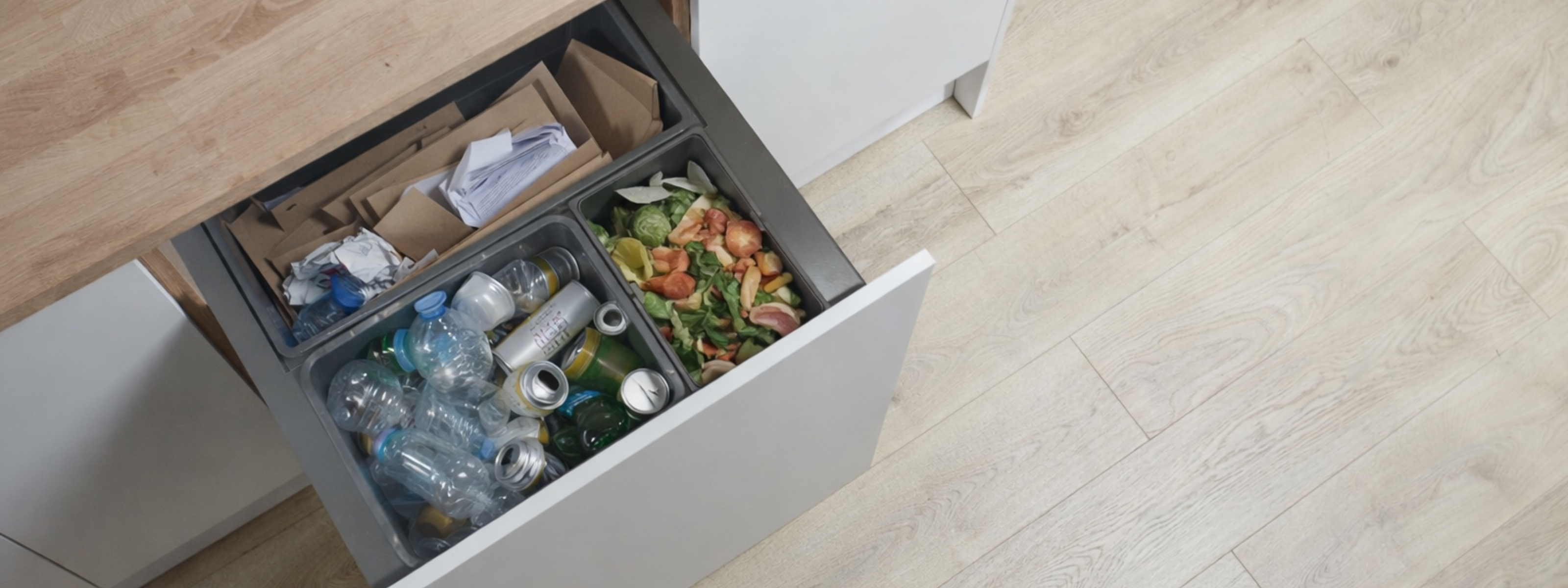 Open kitchen pull-out Wesco waste bin with recycling bins for different types of waste.