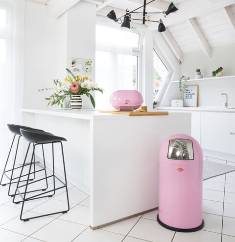 The iconic Wesco Pushboy 50L waste bin, colourful free-standing waste bins
