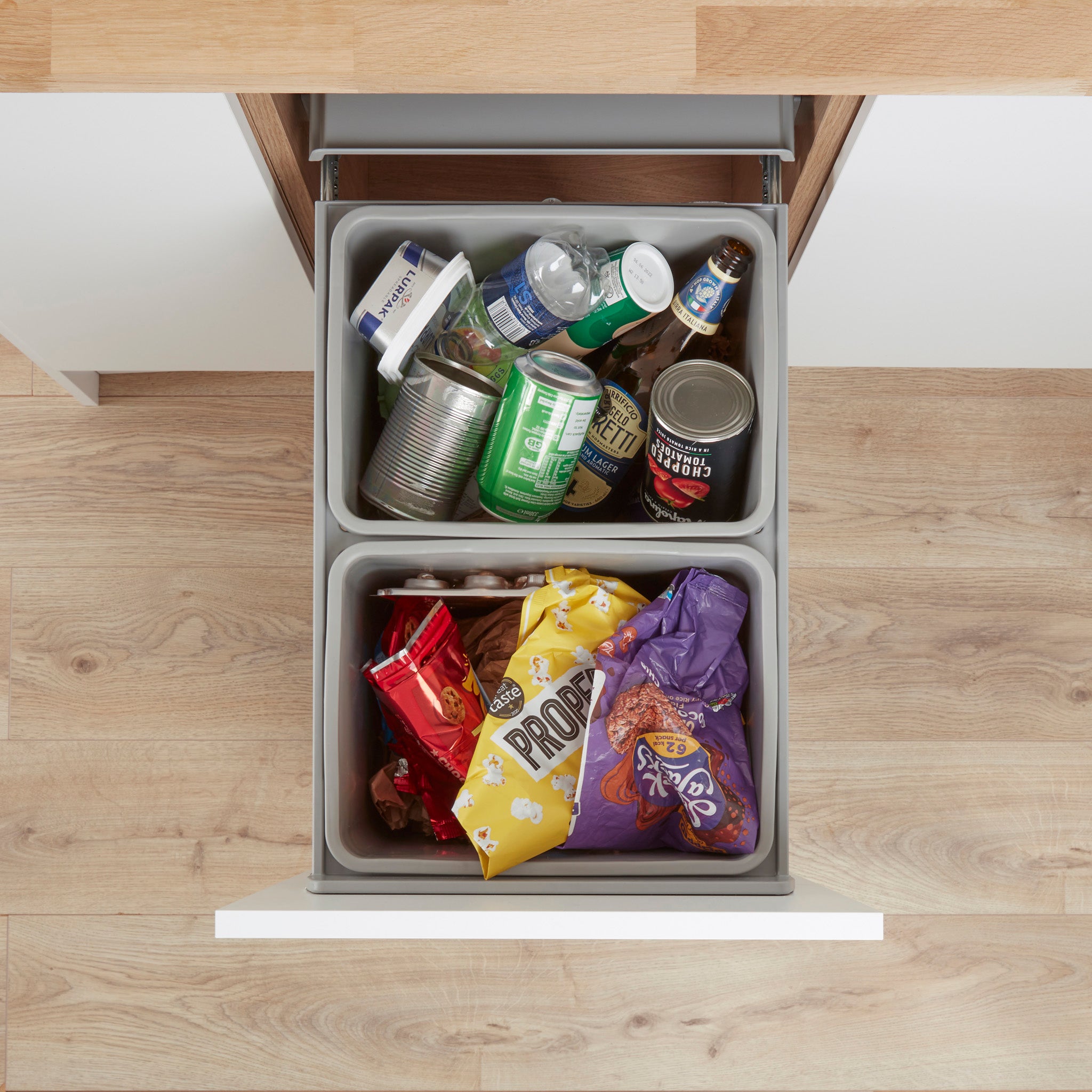 Big Bio Double 400mm Pull-out Wesco waste bin system from above showing both 32L compartments.