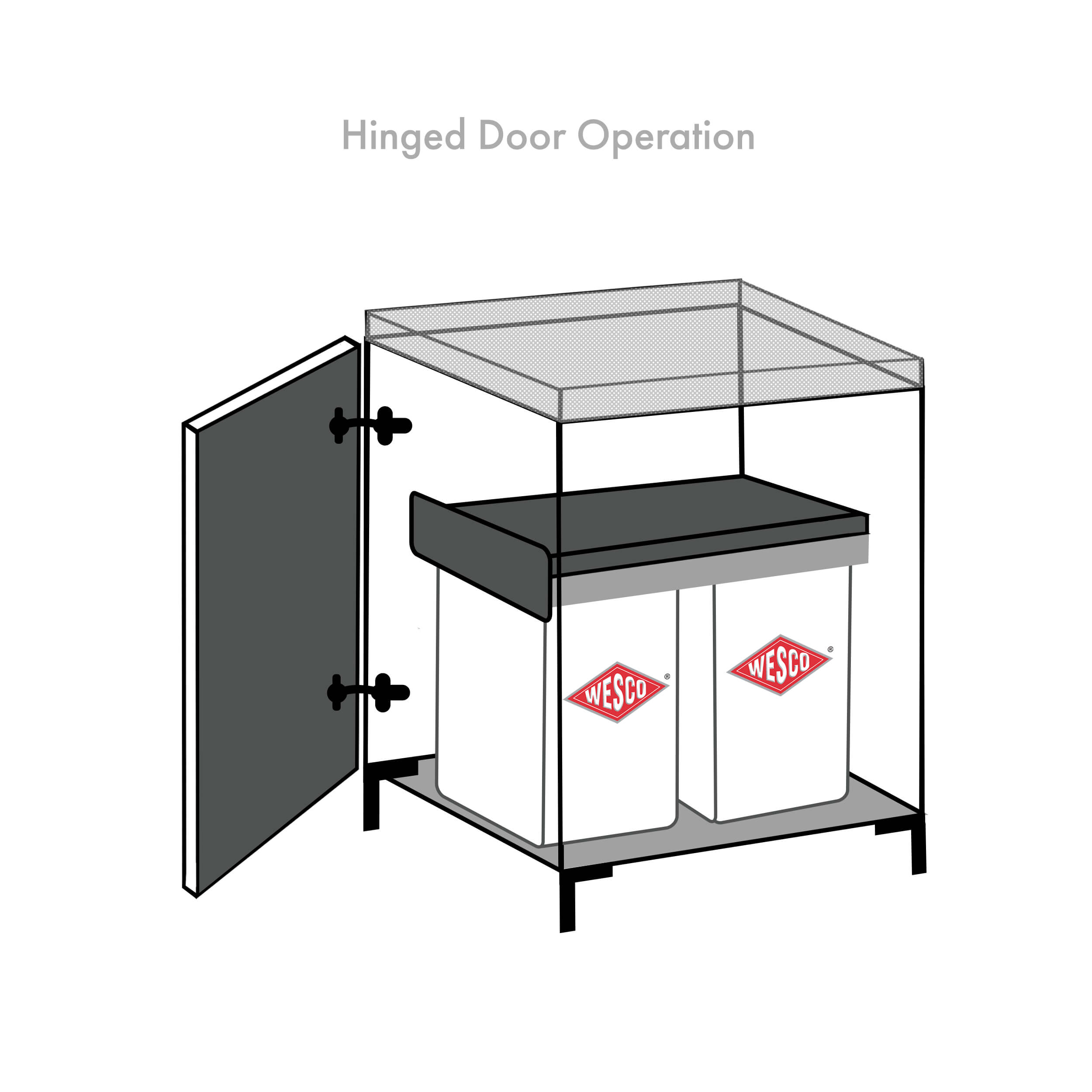 Diagram to show a hinged door bin within a cabinet