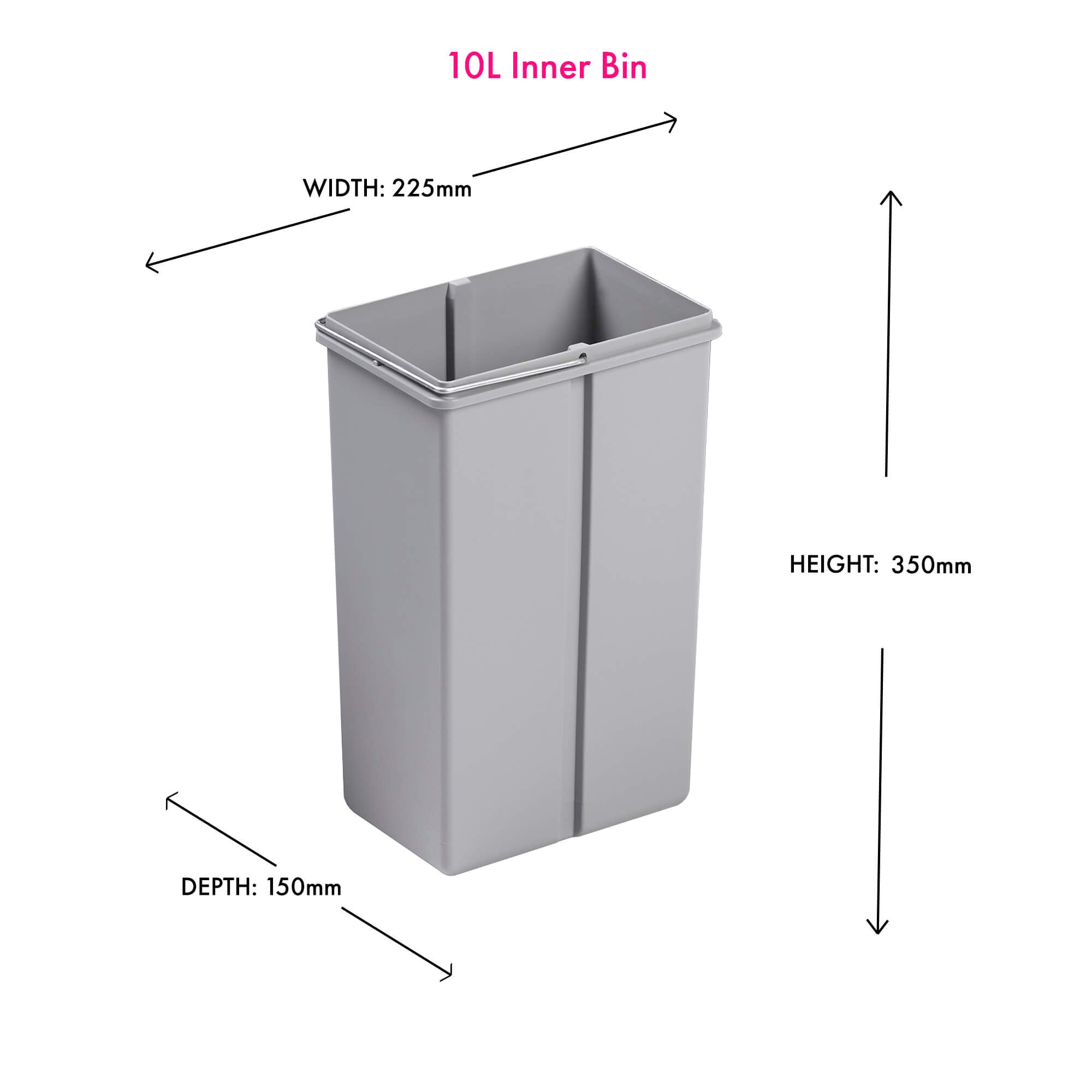 Wesco Alu grey 10L inner bin replacement with metal handle on white background including dimensions