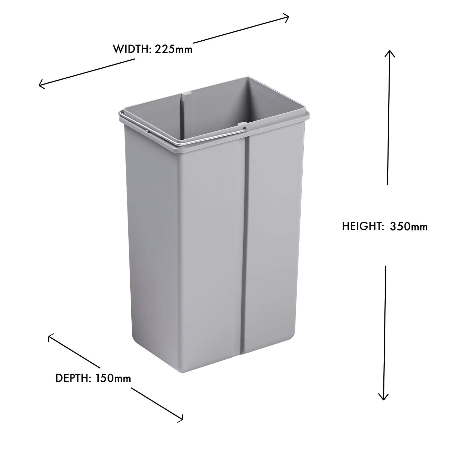 Wesco Alu grey 10L inner bin replacement with metal handle on white background including dimensions