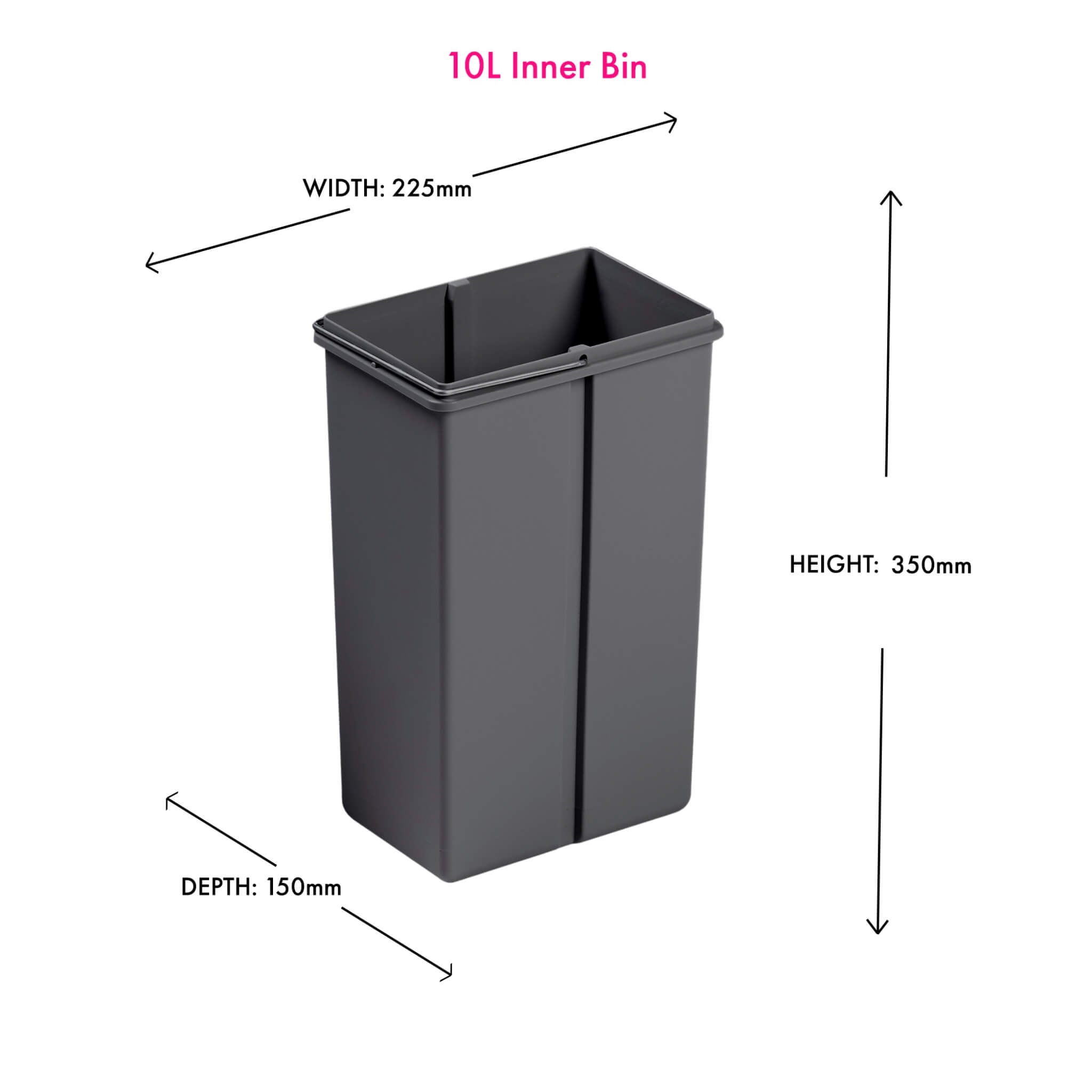 Wesco replacement 10L replacement bin in orion grey with metal handle on white background with dimensions