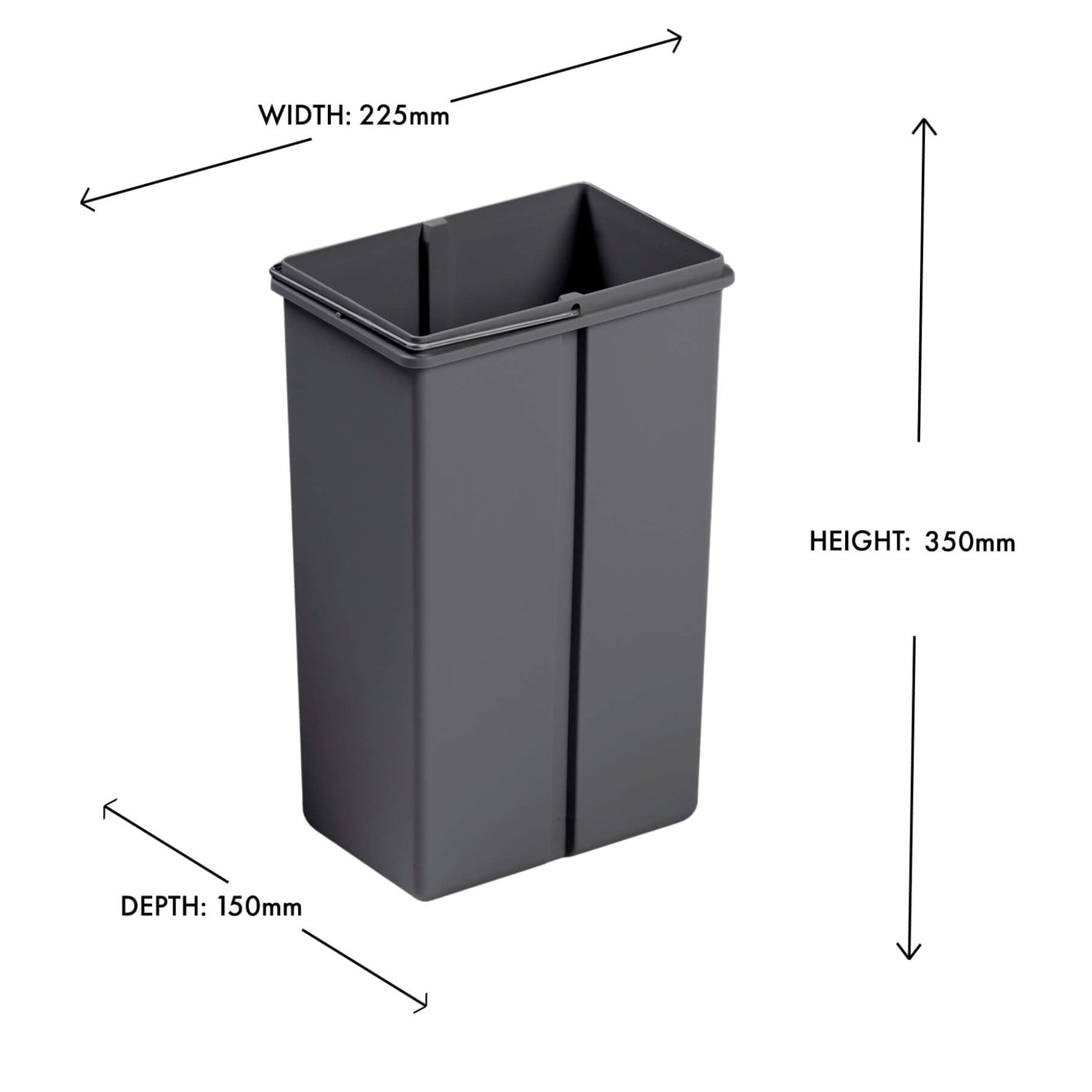 Wesco replacement 10L replacement bin in orion grey with metal handle on white background with dimensions