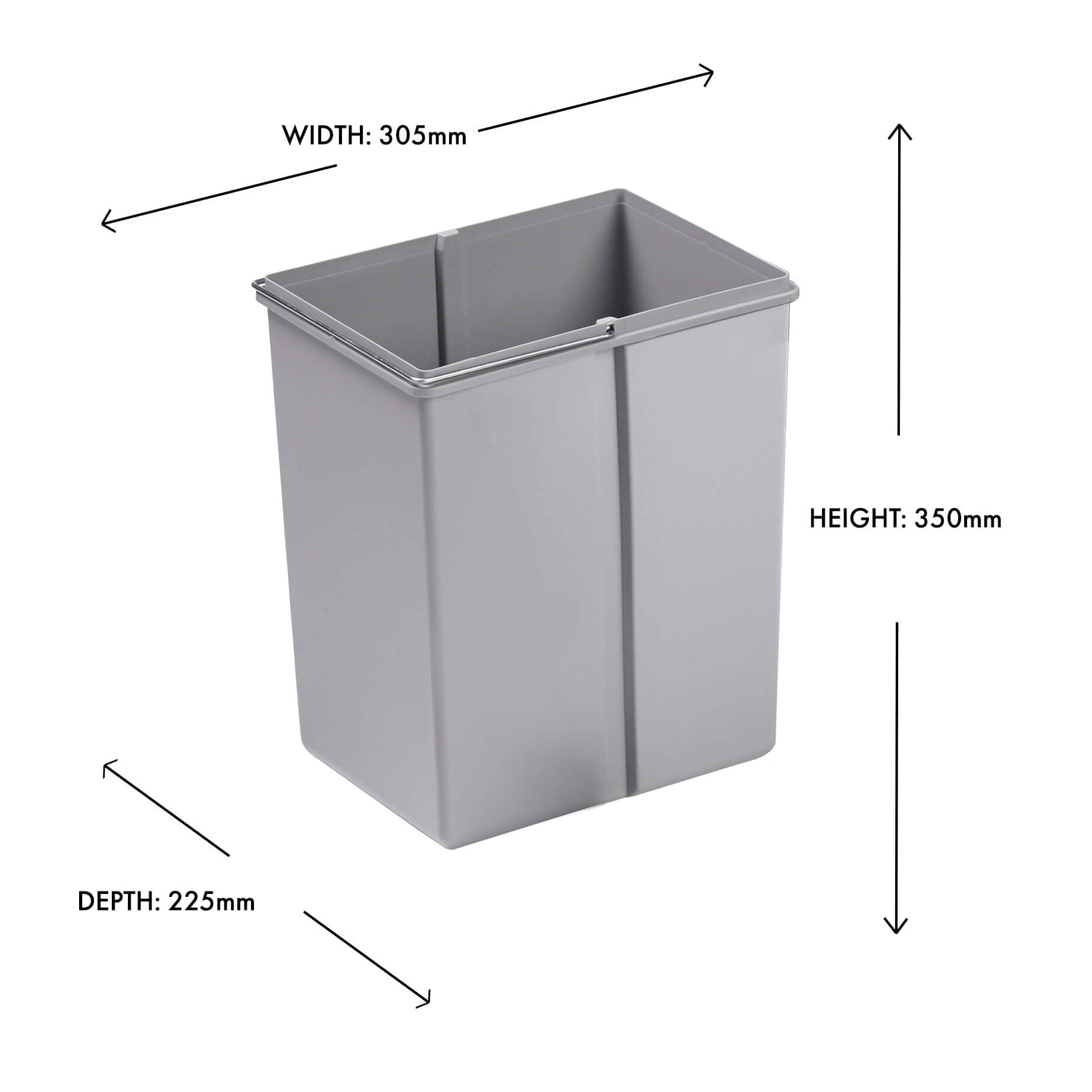 Wesco Alu Grey replacement inner bin with metal handle with dimensions on white background