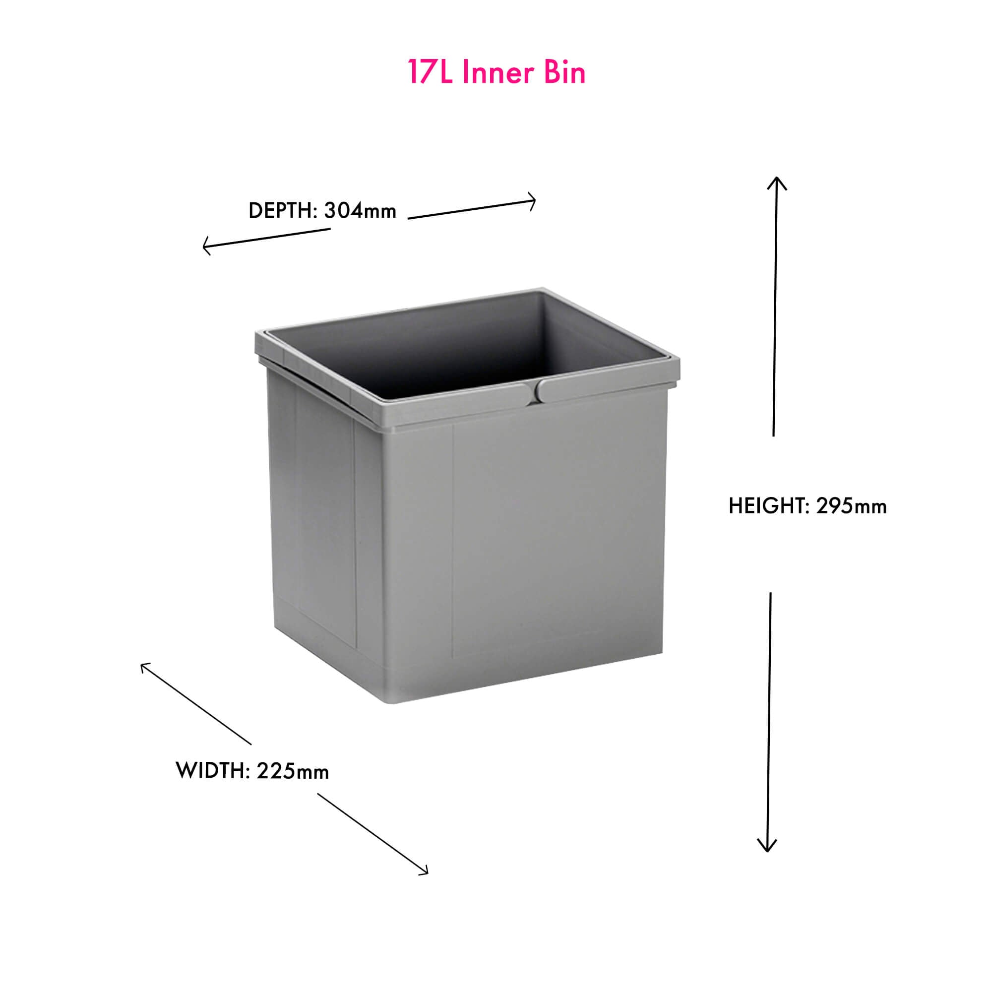 A light grey 17L inner bin with double handles designed for use within Wesco built-in waste bin systems with dimensions