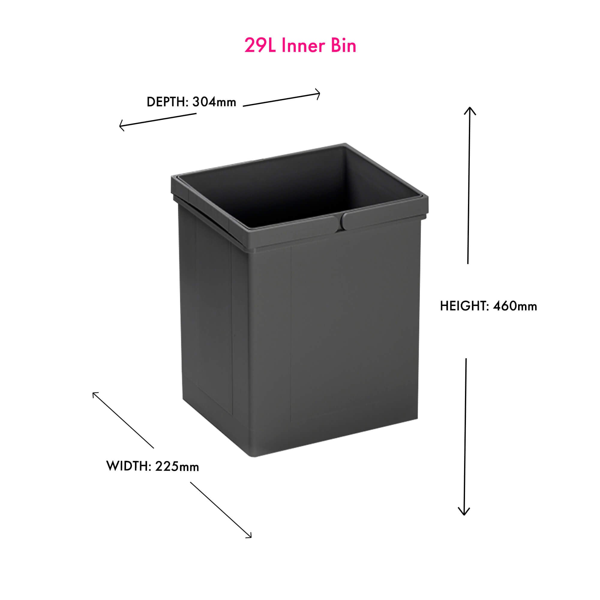 Orion grey Wesco 29L inner bin with double plastic handles for waste disposal systems. Dimensions shown