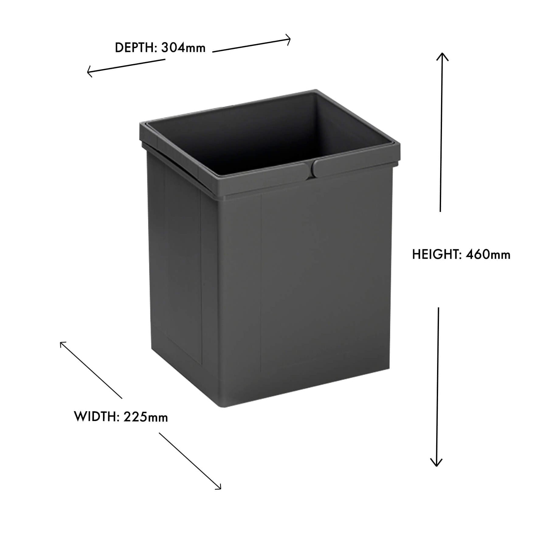 Orion grey Wesco 29L inner bin with double plastic handles for waste disposal systems. Dimensions shown