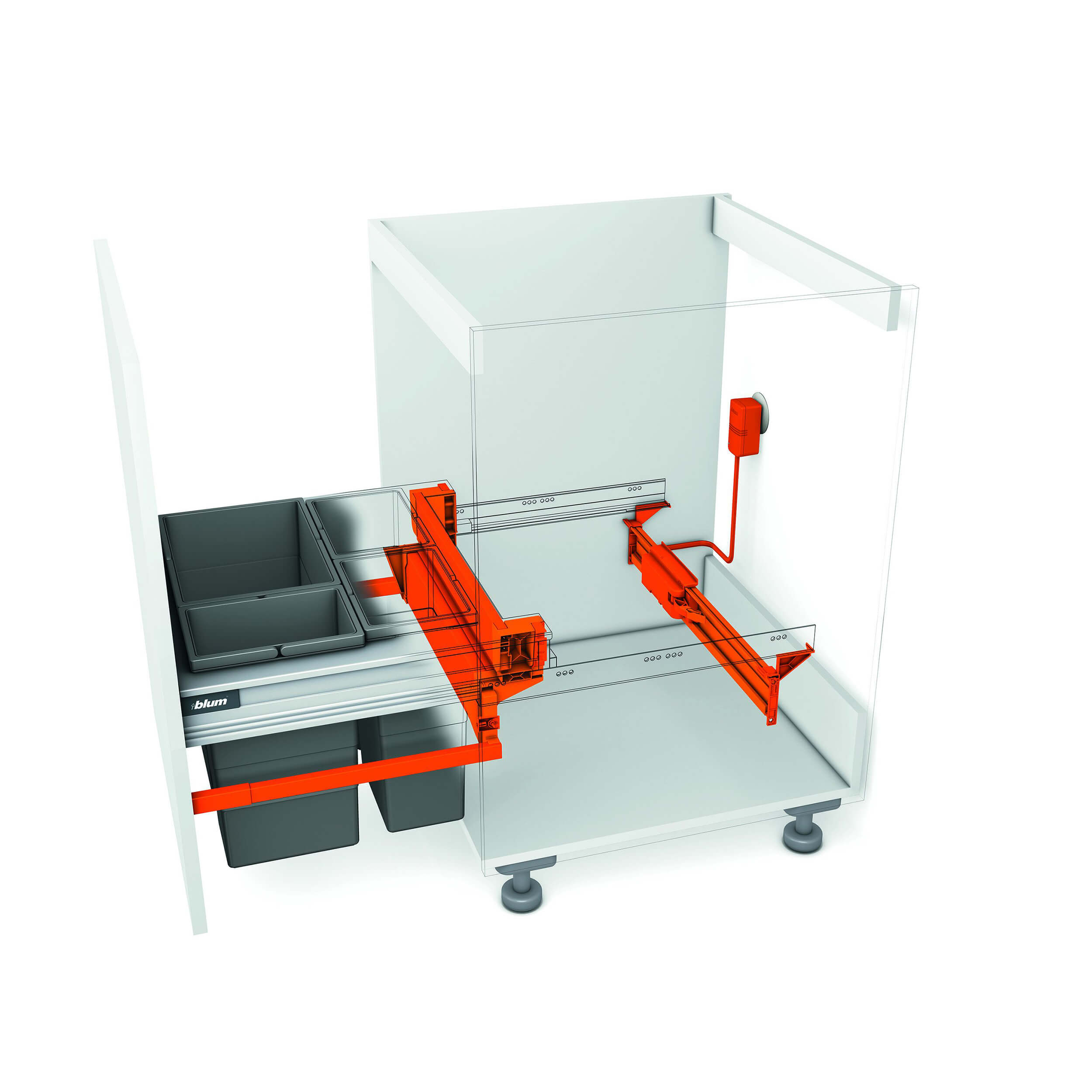A schematic representation of the Blum Servo Drive Uno mechanism for waste bins, showing the electrical component in orange within a white cabinet environment.