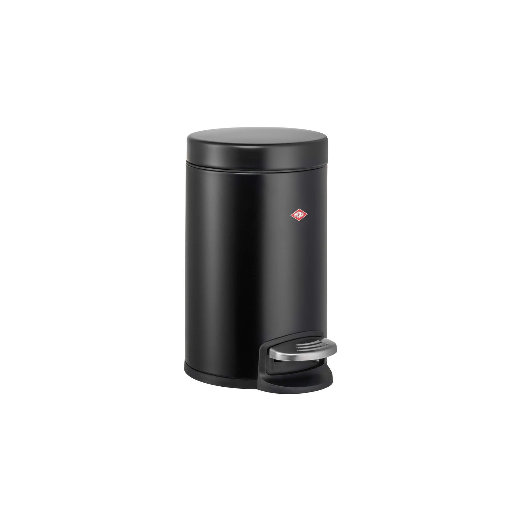 A matt black 3-litre cosmetic bin with a pedal mechanism and a logo on the top, featuring a sleek and modern design.