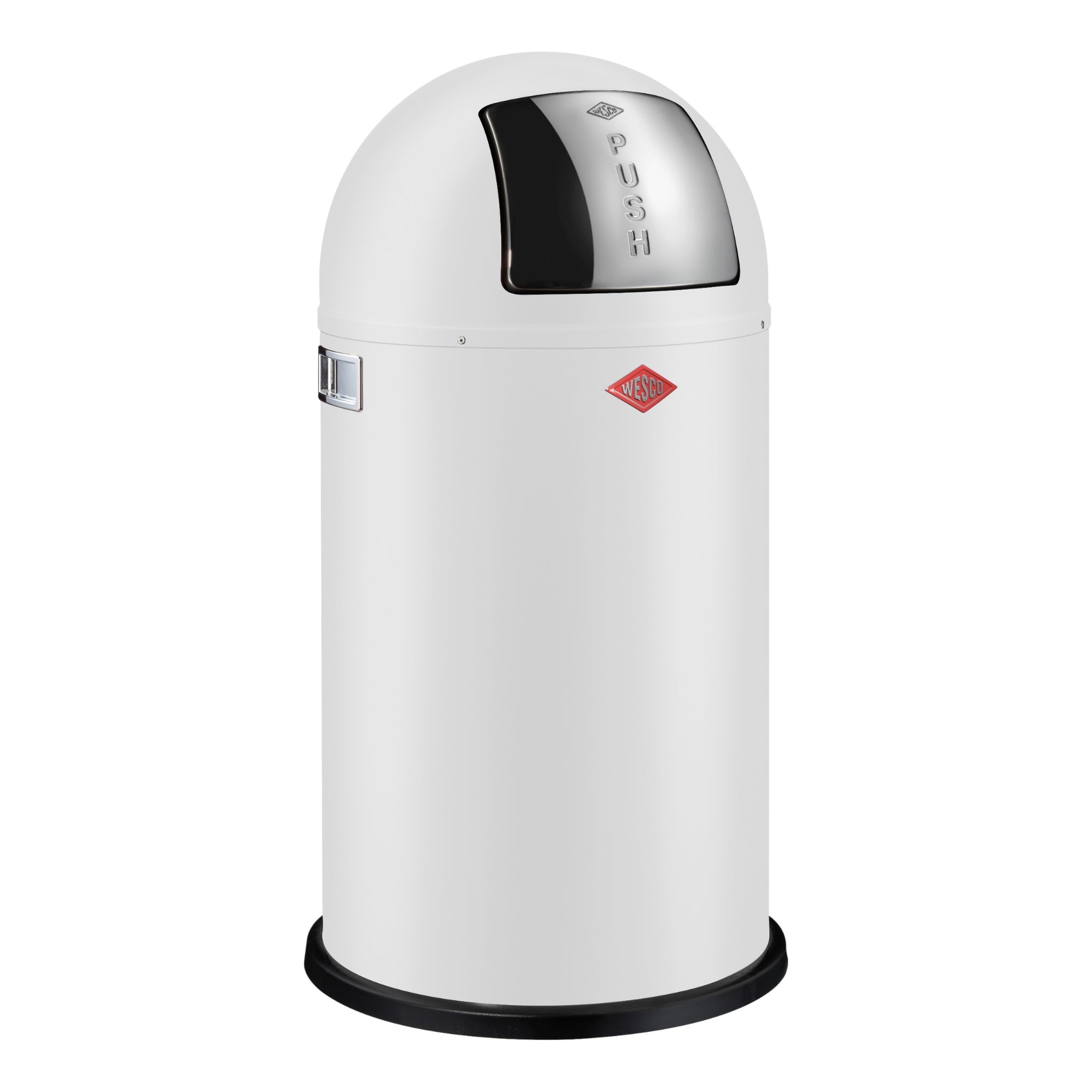 A matt white Pushboy 50L waste bin with a stainless steel push flap, featuring a plastic base ring and chrome-plated plastic handles.