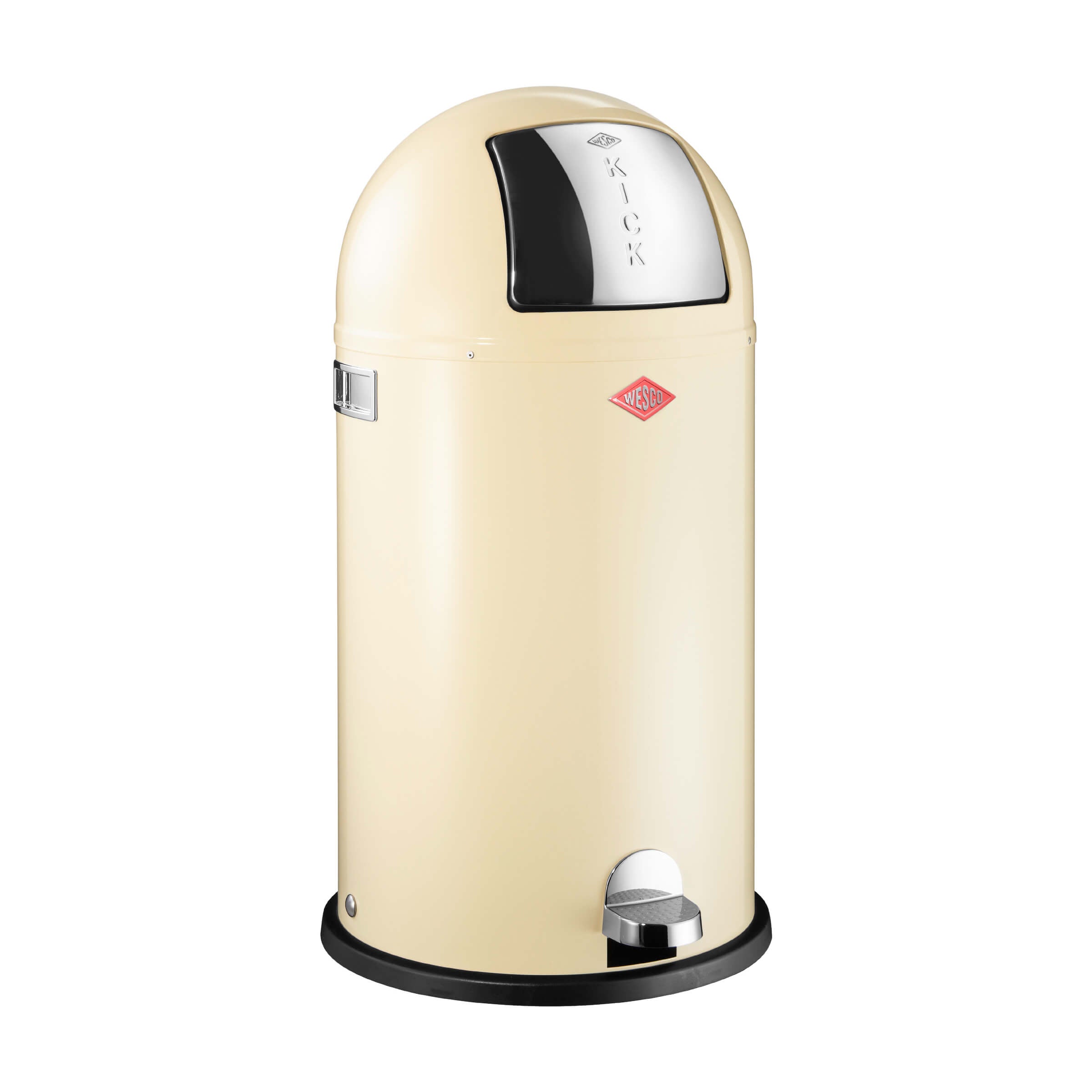 A Wesco Kickboy 40L waste bin in almond color with a pedal-operated front opening flap, cylindrical shape, and a plastic ring on the base to protect floors.