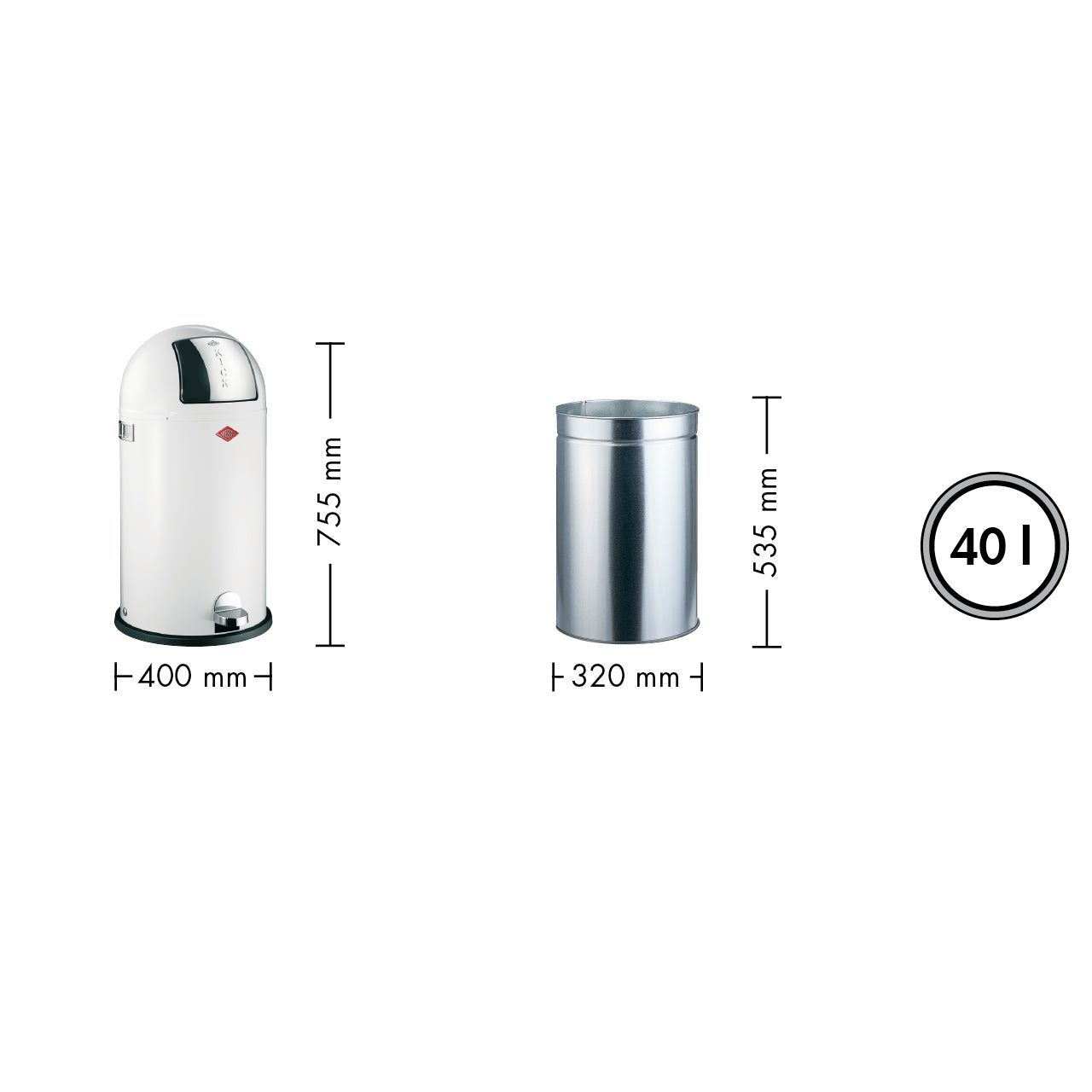 Image showing dimensions and capacity of the Wesco Kickboy 40L