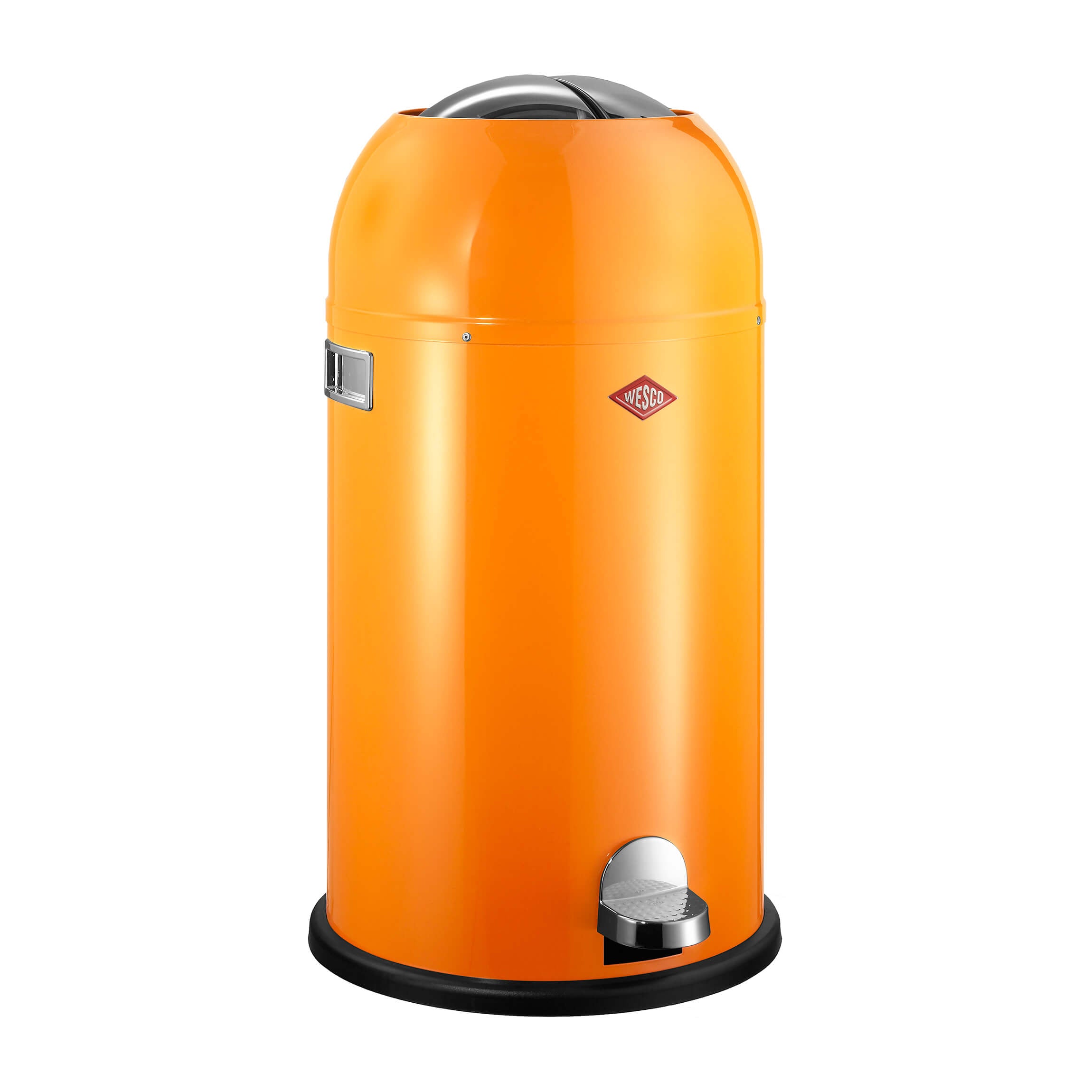 A Wesco Kickmaster 33L waste bin in orange with a pedal opening mechanism.