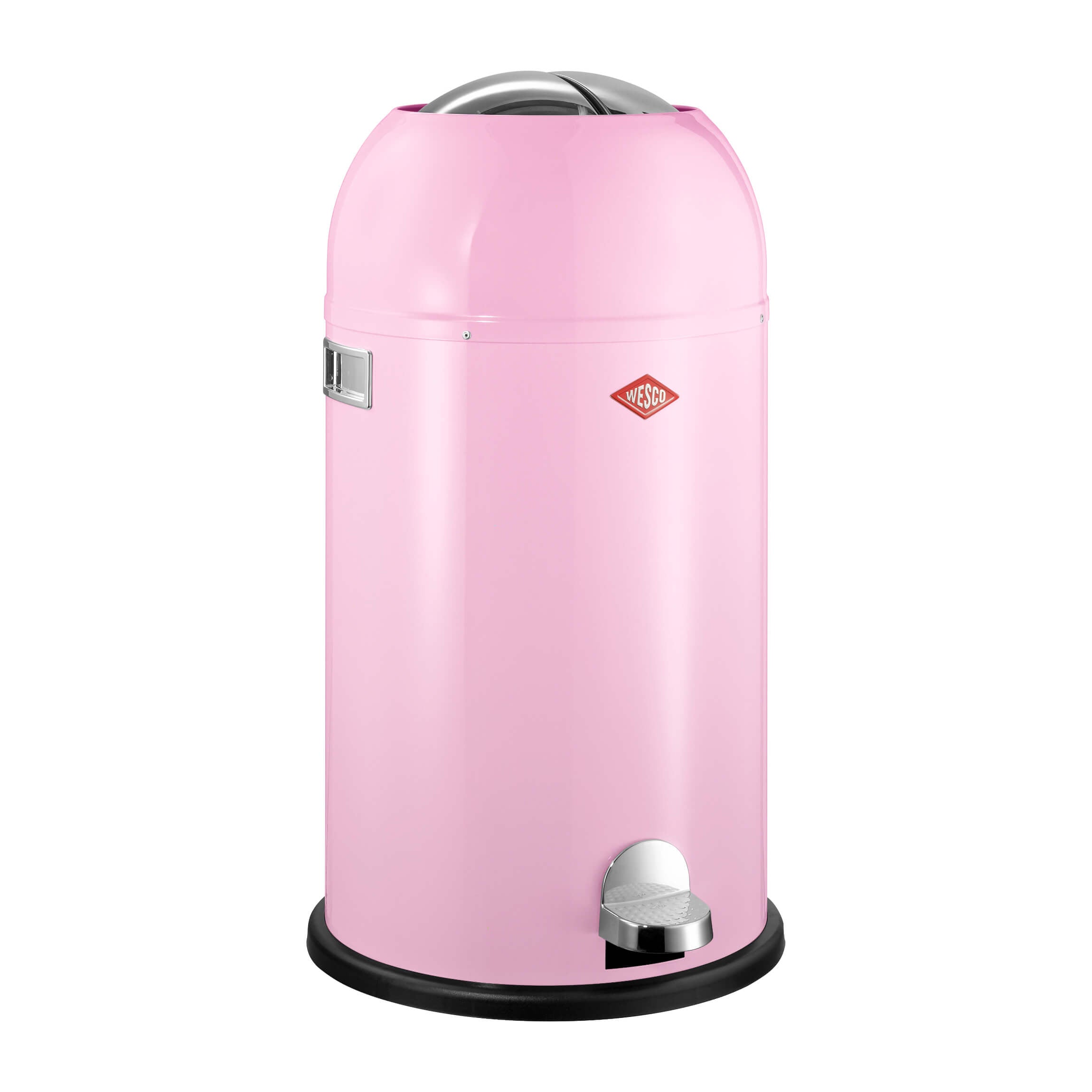 A pink Wesco Kickmaster 33L waste bin with a pedal mechanism and a soft-close lid.