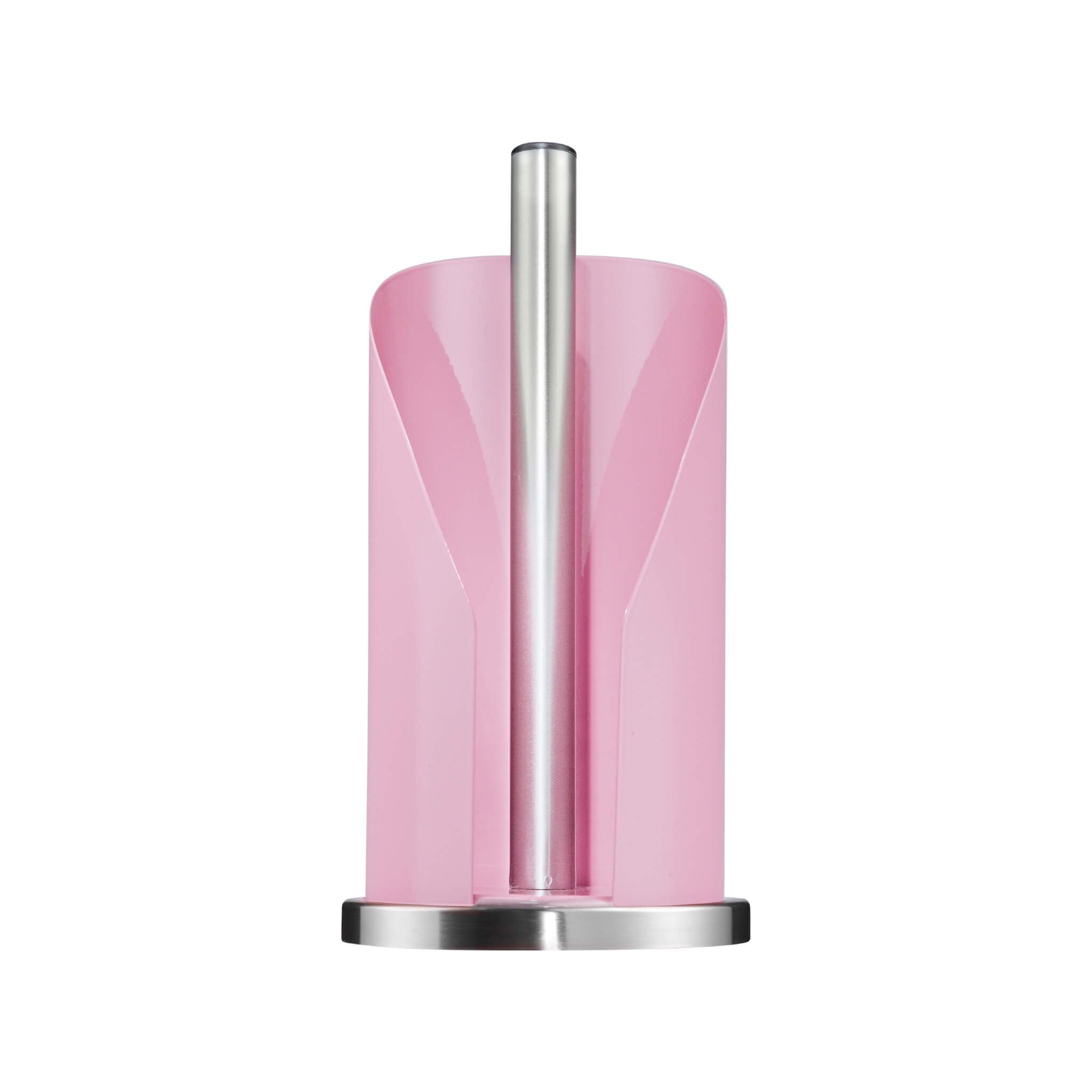 Wesco cylindrical paper roll holder in pink with a stainless steel base