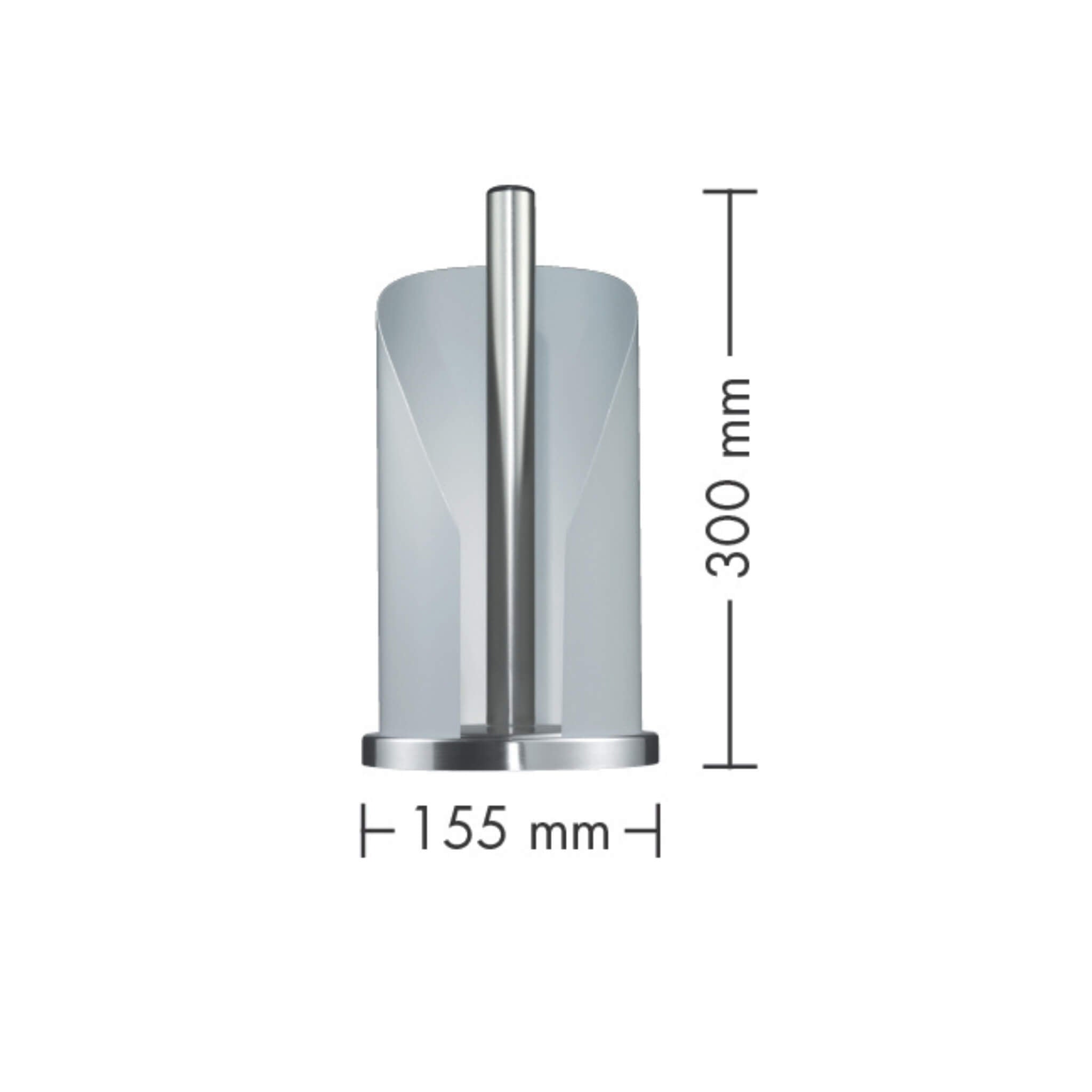 Measurement chart showing dimensions of the Wesco cylinder shaped kitchen roll holder with height and diameter measurements.