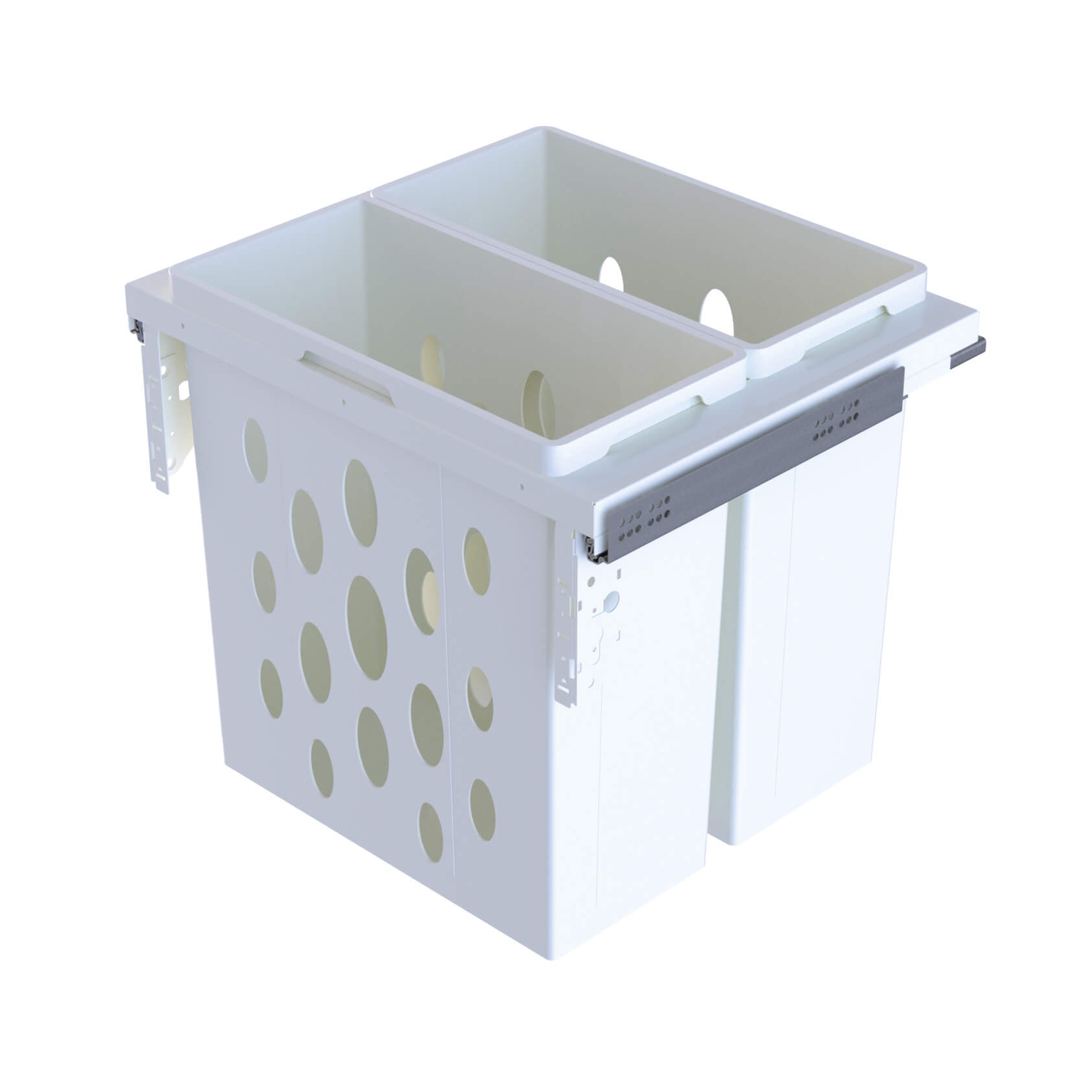 Wesco Pullboy Soft comfort 600mm pull-out laundry bin White plastic storage bin with holes on a white background