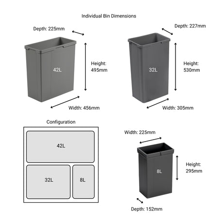 Pullboy Soft Comfort Bin | 3 Compartment | 82L | 600mm Door