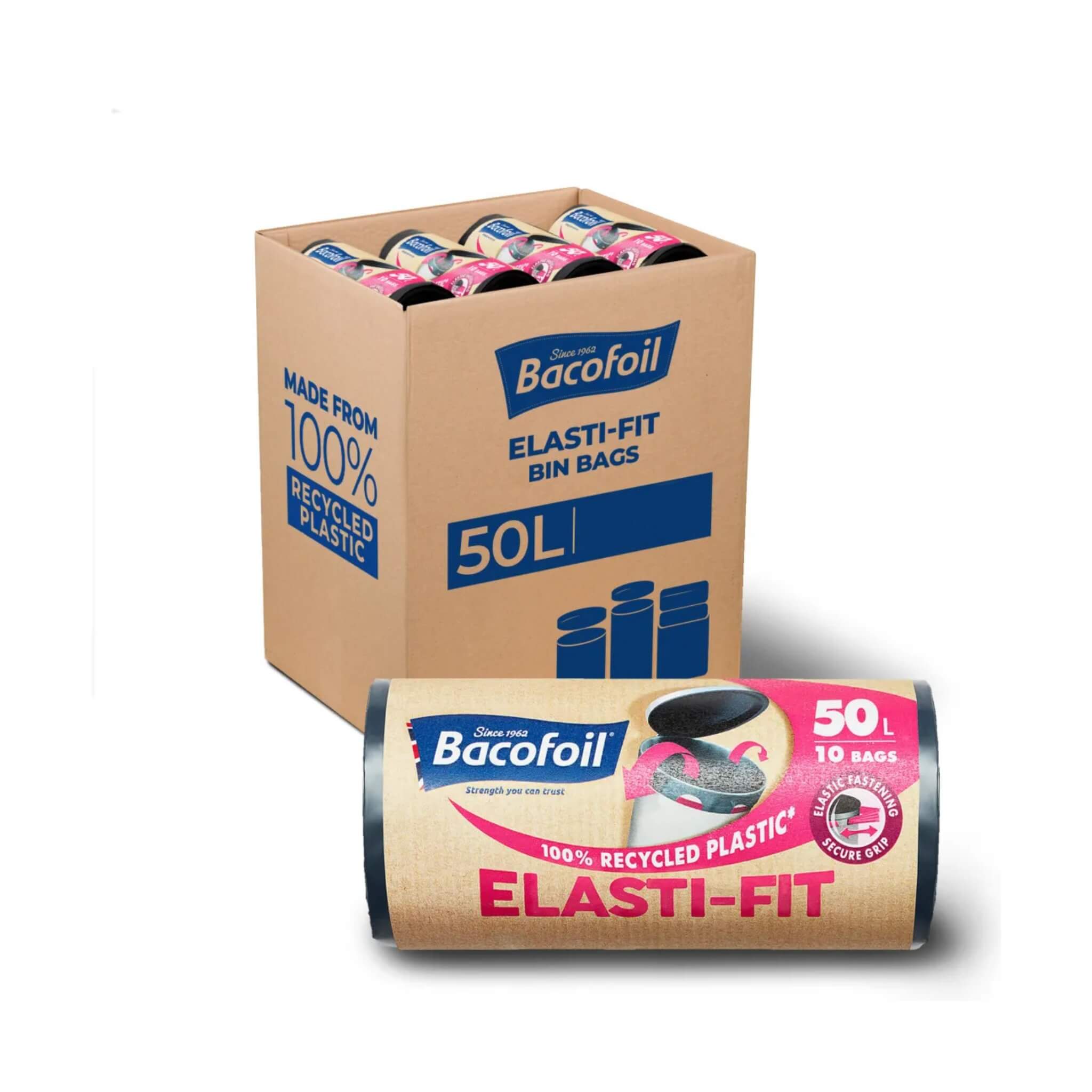 Box of Bacofoil Elasti-Fit bin bags 50L with a roll in front on a white background