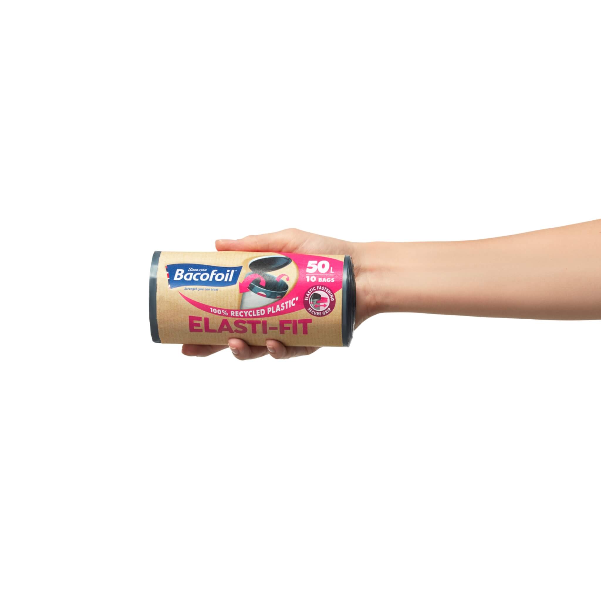 Hand holding a roll of Bacofoil Elasti-Fit 50L Bin Liners against a white background