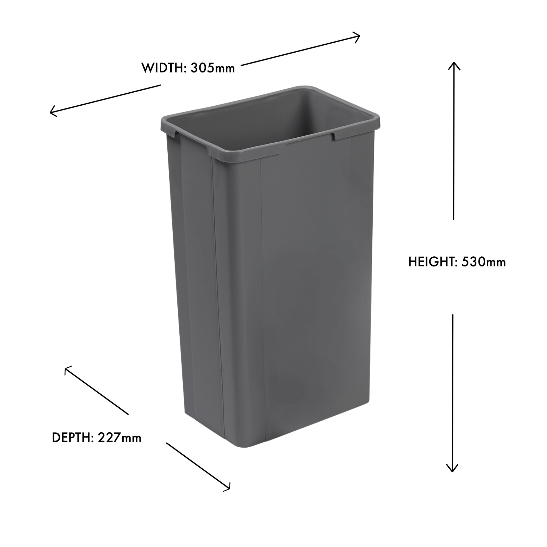 Wesco Orion Grey 32L inner bin with dimensions labeled on a white background