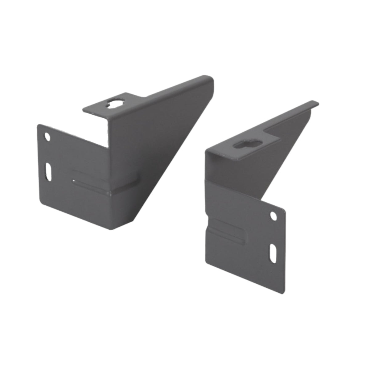 Two dark gray metal mounting brackets shown on a plain white background.