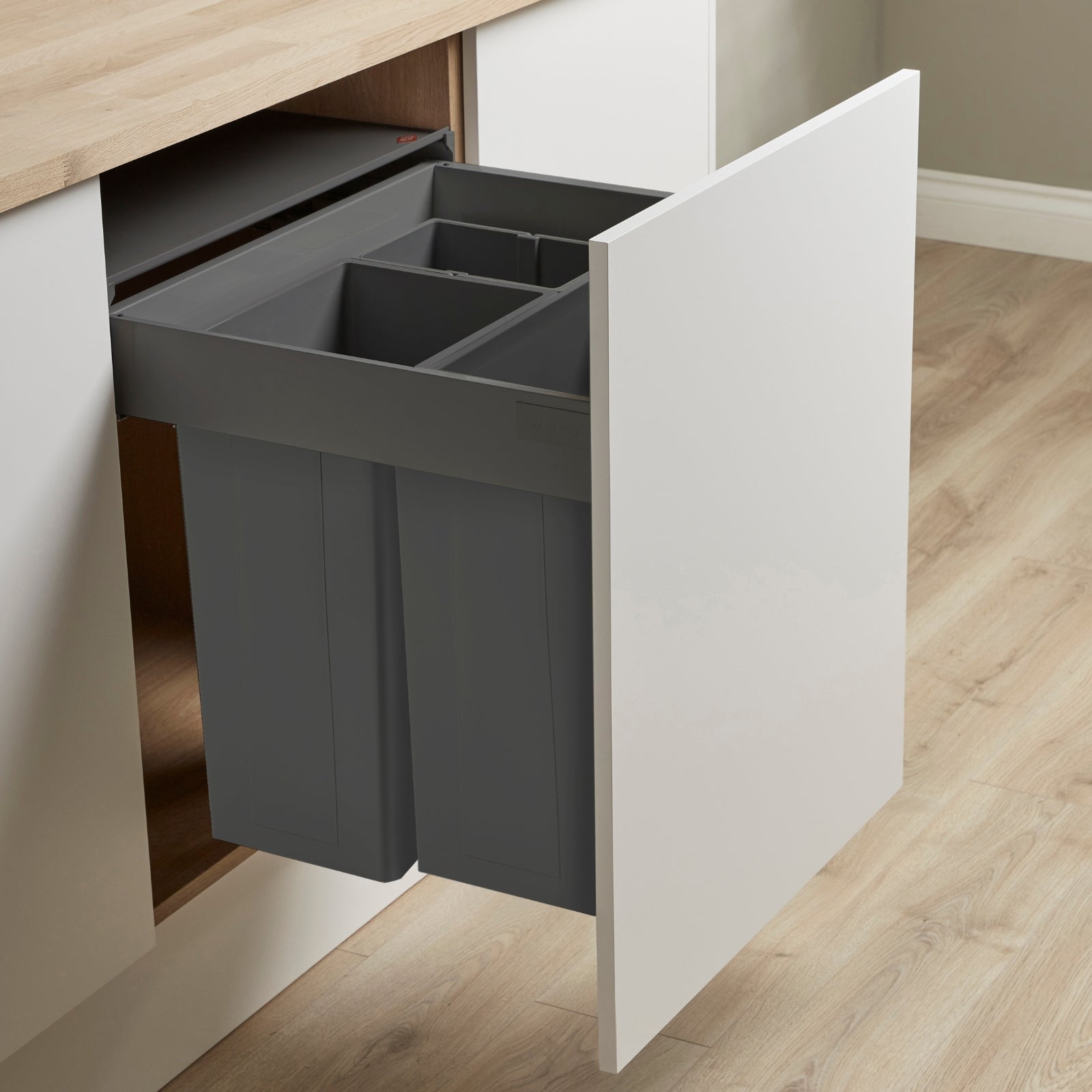 Wesco dark grey pull-out waste bin with three compartments, compatible with Blum Merivobox